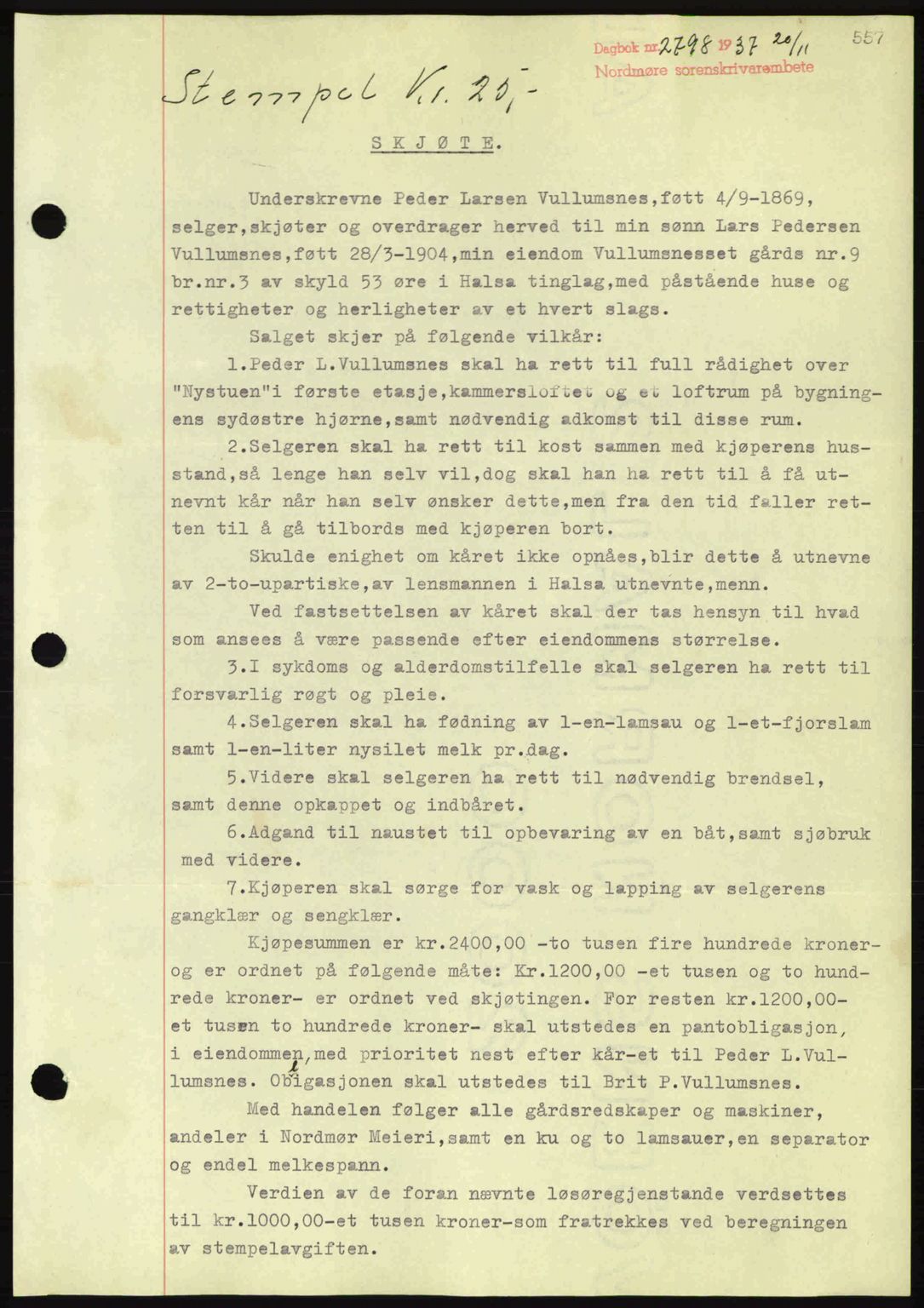 Nordmøre sorenskriveri, SAT/A-4132/1/2/2Ca: Pantebok nr. A82, 1937-1938, Dagboknr: 2798/1937