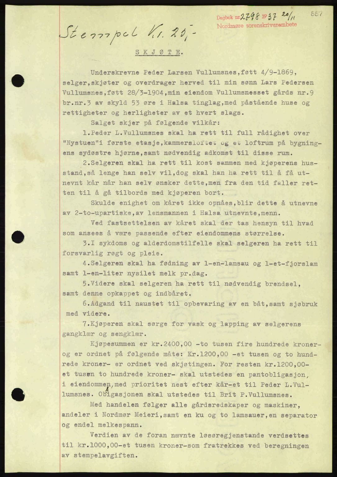 Nordmøre sorenskriveri, AV/SAT-A-4132/1/2/2Ca: Pantebok nr. A82, 1937-1938, Dagboknr: 2798/1937