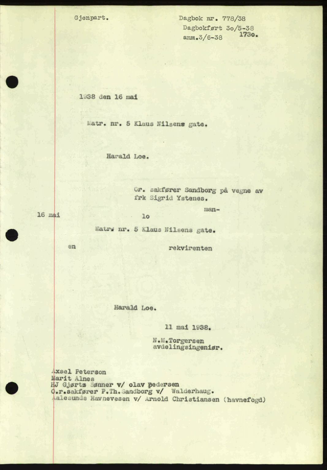 Ålesund byfogd, AV/SAT-A-4384: Pantebok nr. 34 II, 1938-1940, Dagboknr: 778/1938