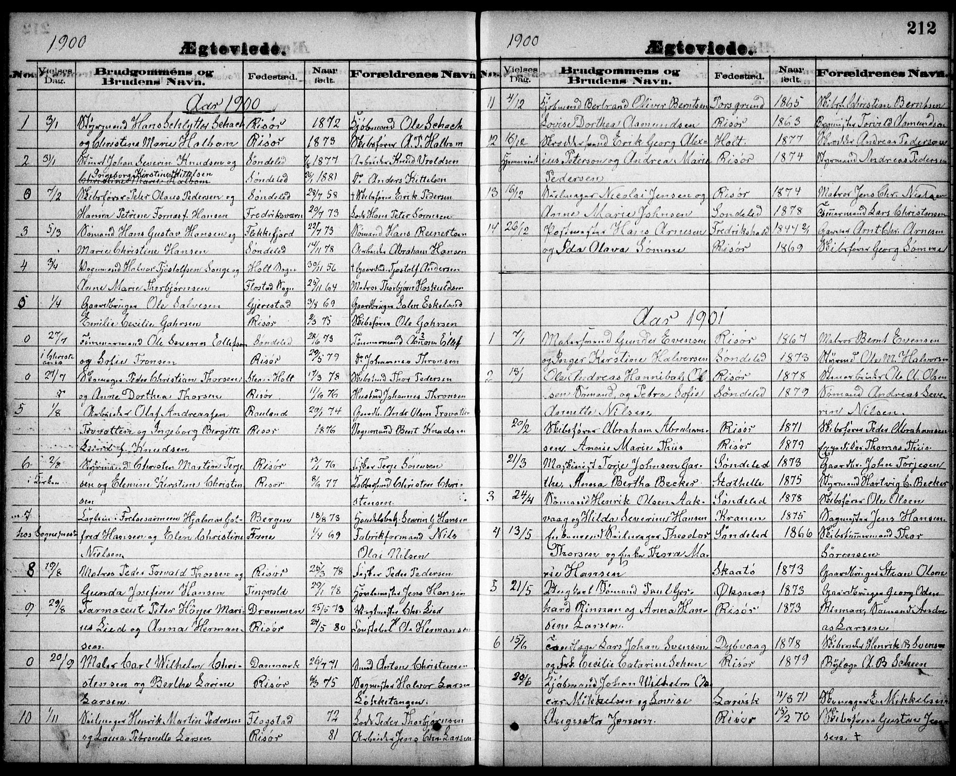 Risør sokneprestkontor, AV/SAK-1111-0035/F/Fb/L0007: Klokkerbok nr. B 7, 1885-1908, s. 212