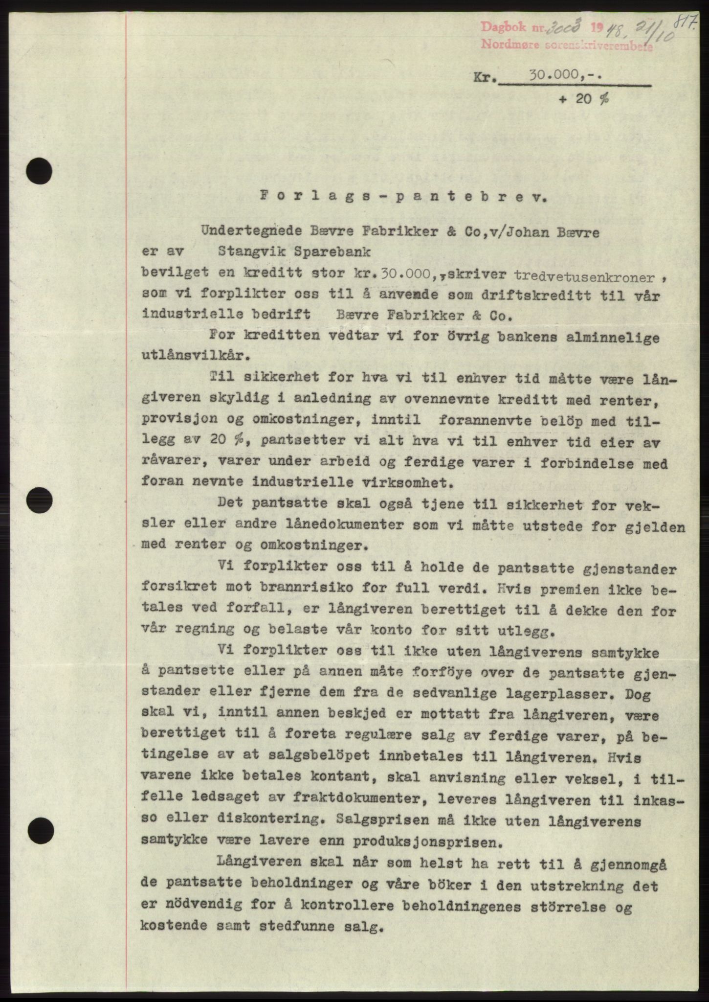 Nordmøre sorenskriveri, SAT/A-4132/1/2/2Ca: Pantebok nr. B99, 1948-1948, Dagboknr: 3003/1948