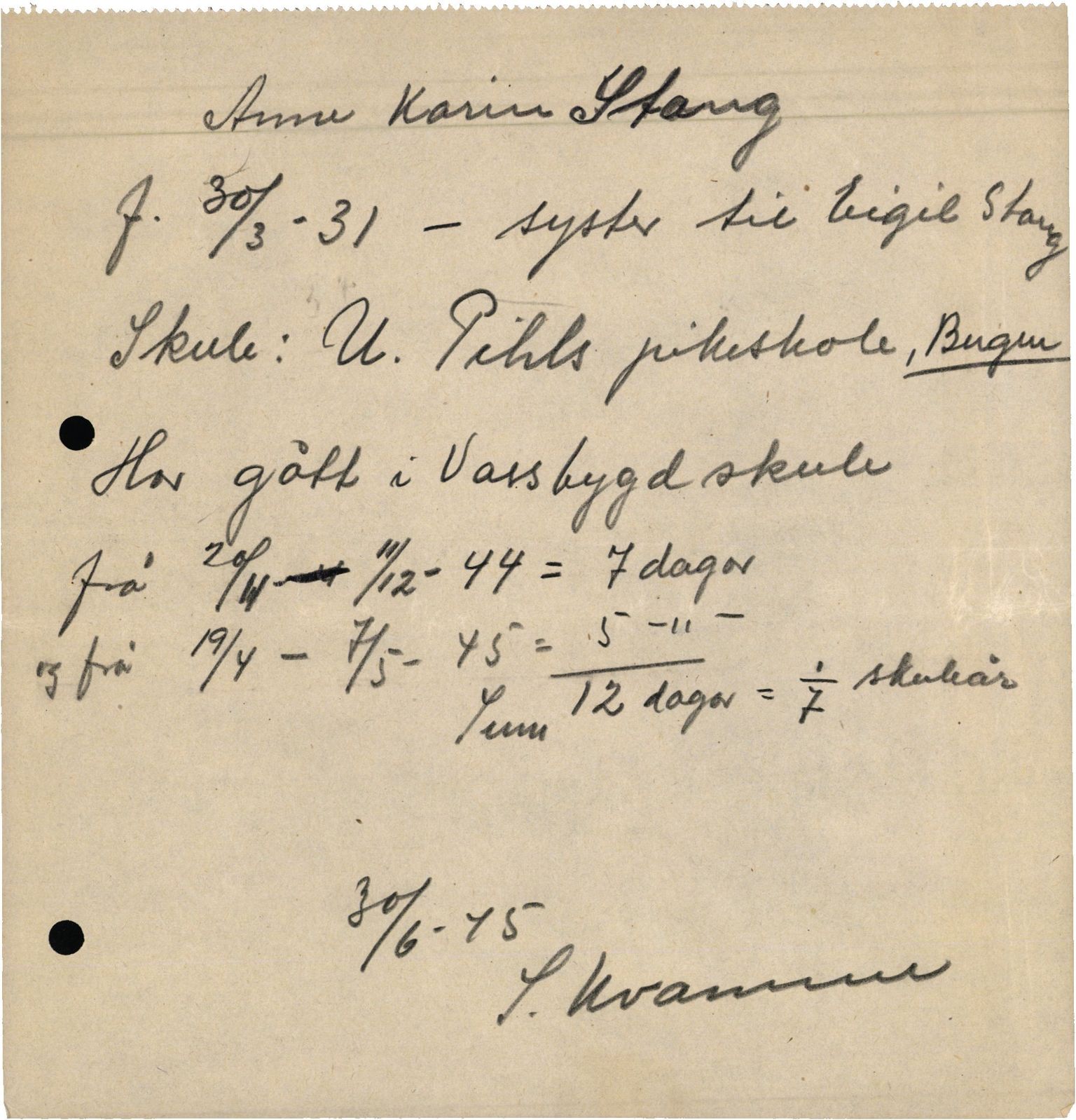 Hamre kommune. Formannskapet, IKAH/1254-021/D/Db/L0013b/0004: Krig og krisetider (1940-1945) / Evakuerte born. Undervisning. Oppgåver frå skulane i Hamre , 1940-1945, s. 34