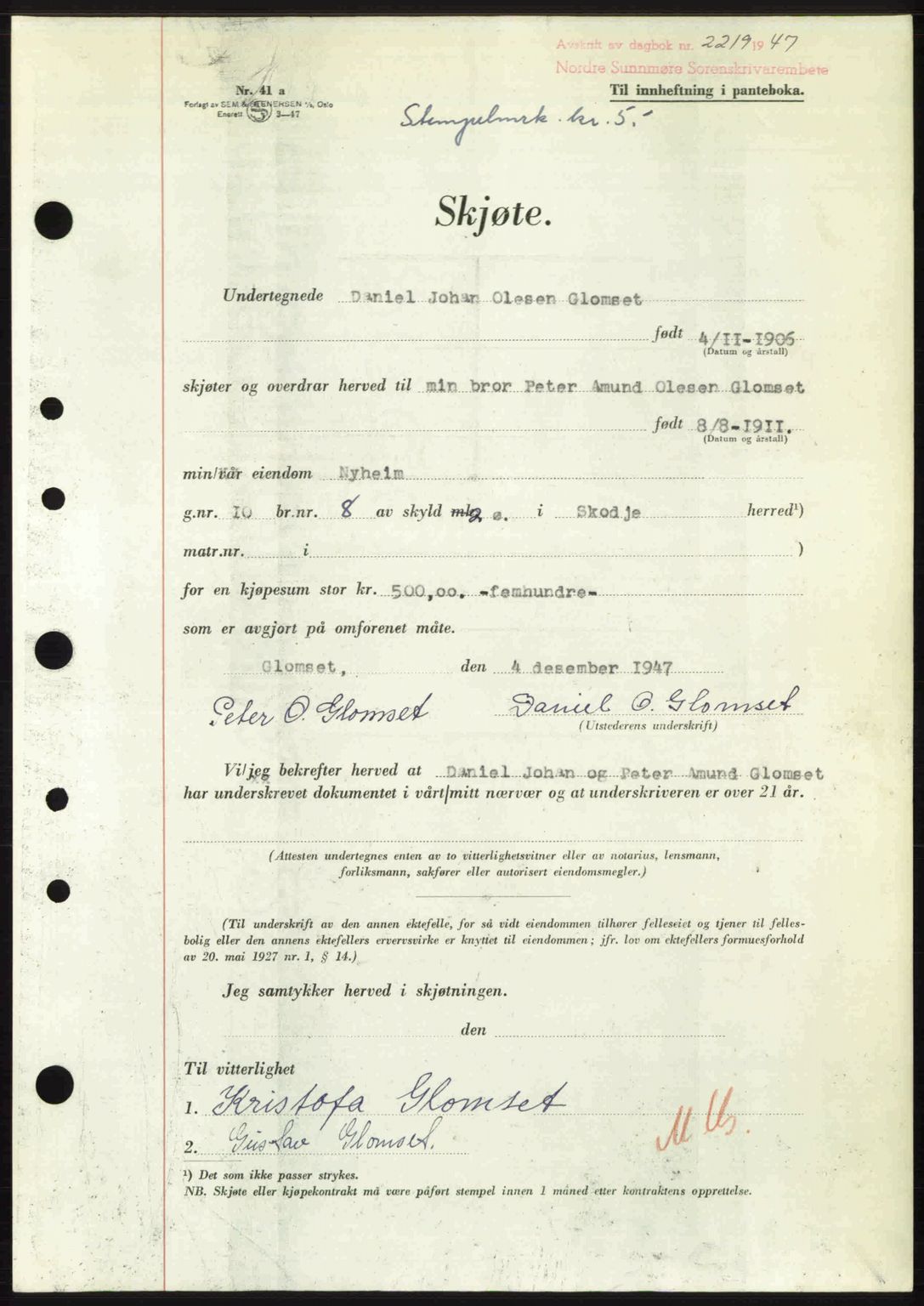 Nordre Sunnmøre sorenskriveri, AV/SAT-A-0006/1/2/2C/2Ca: Pantebok nr. A26, 1947-1948, Dagboknr: 2219/1947