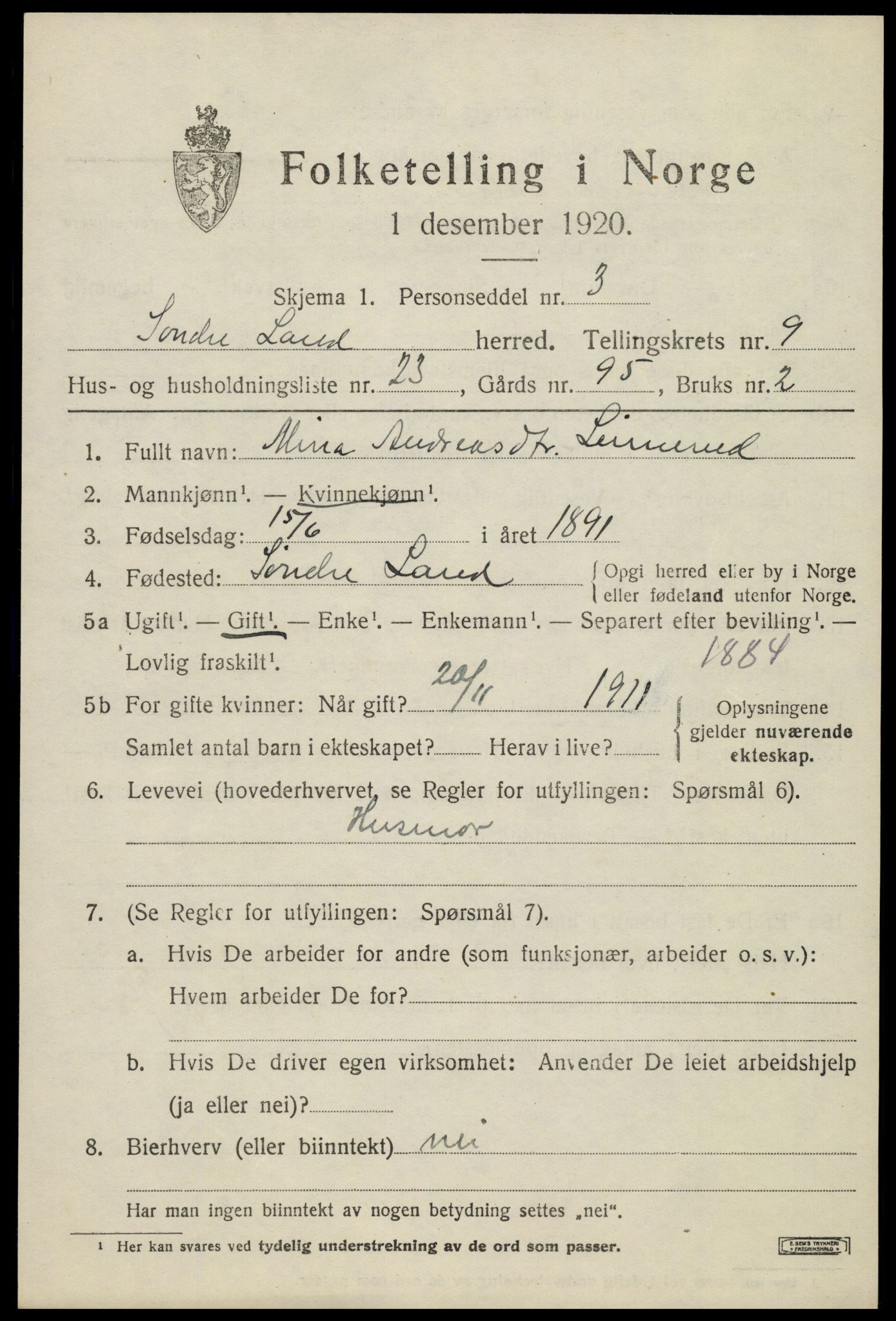 SAH, Folketelling 1920 for 0536 Søndre Land herred, 1920, s. 8459
