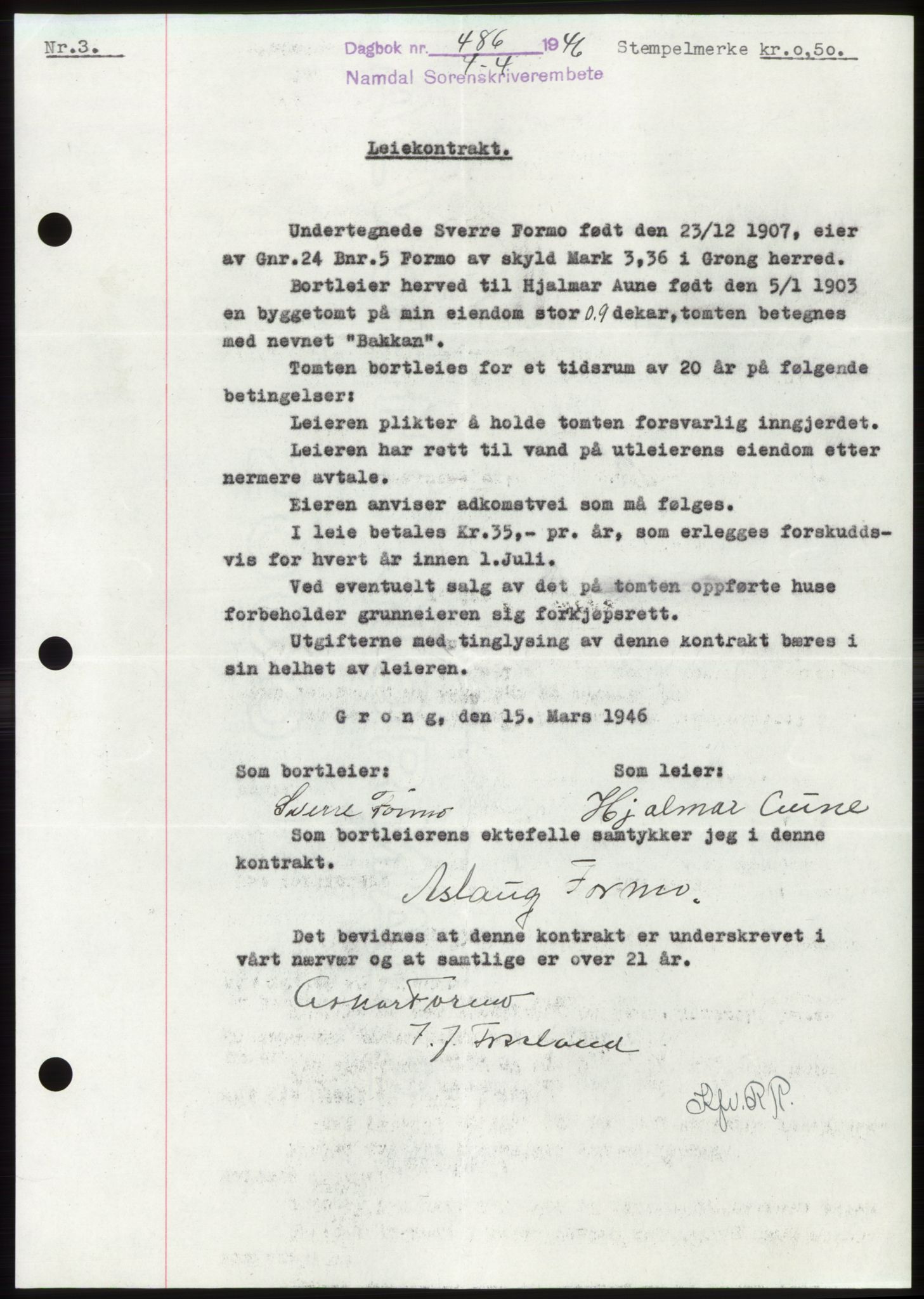 Namdal sorenskriveri, SAT/A-4133/1/2/2C: Pantebok nr. -, 1946-1946, Dagboknr: 486/1946