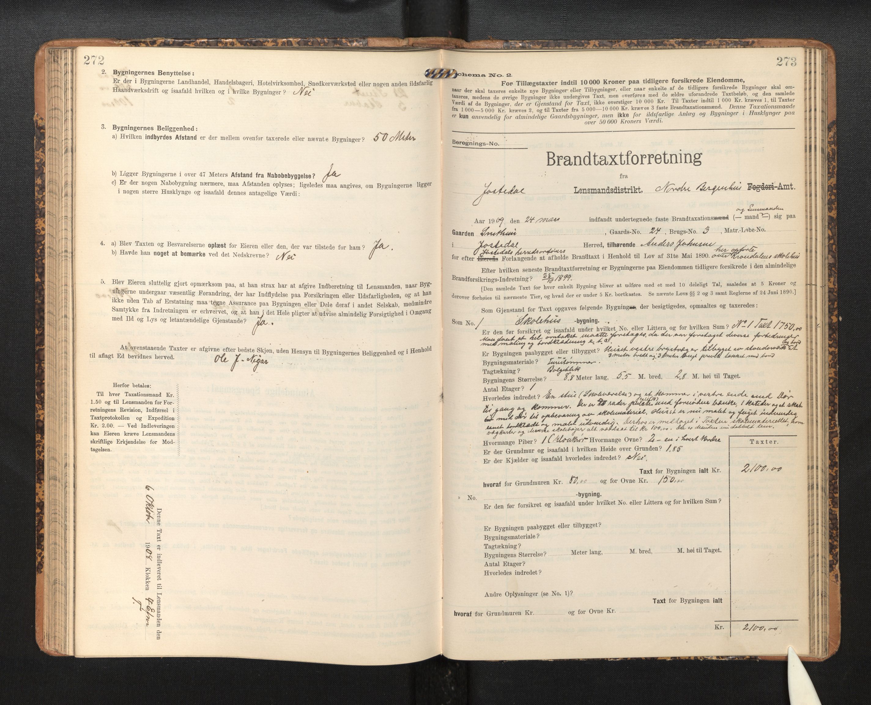 Lensmannen i Jostedal, SAB/A-28601/0012/L0004: Branntakstprotokoll, skjematakst, 1906-1919, s. 272-273