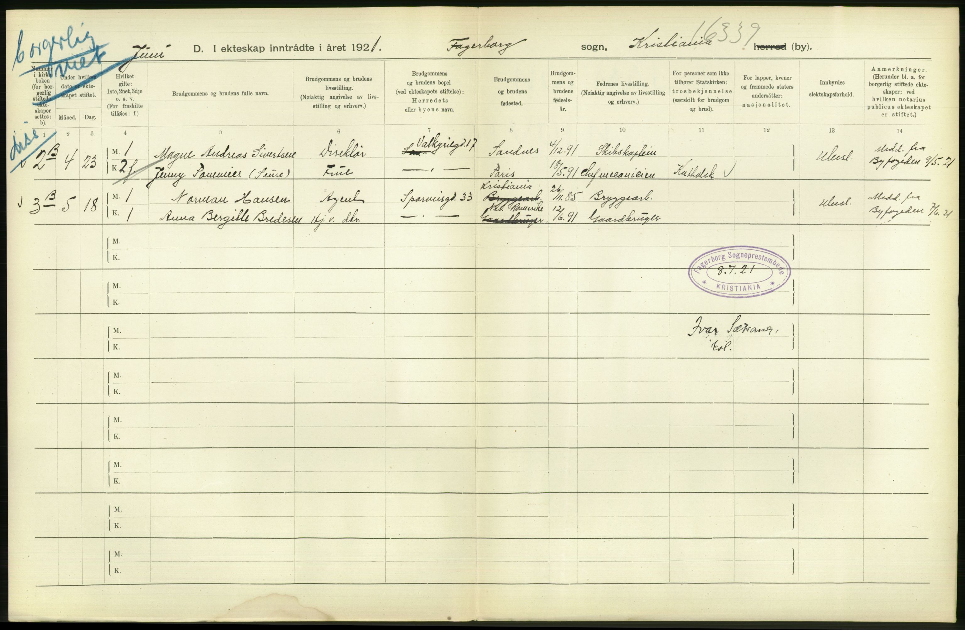 Statistisk sentralbyrå, Sosiodemografiske emner, Befolkning, AV/RA-S-2228/D/Df/Dfc/Dfca/L0011: Kristiania: Gifte, 1921, s. 298