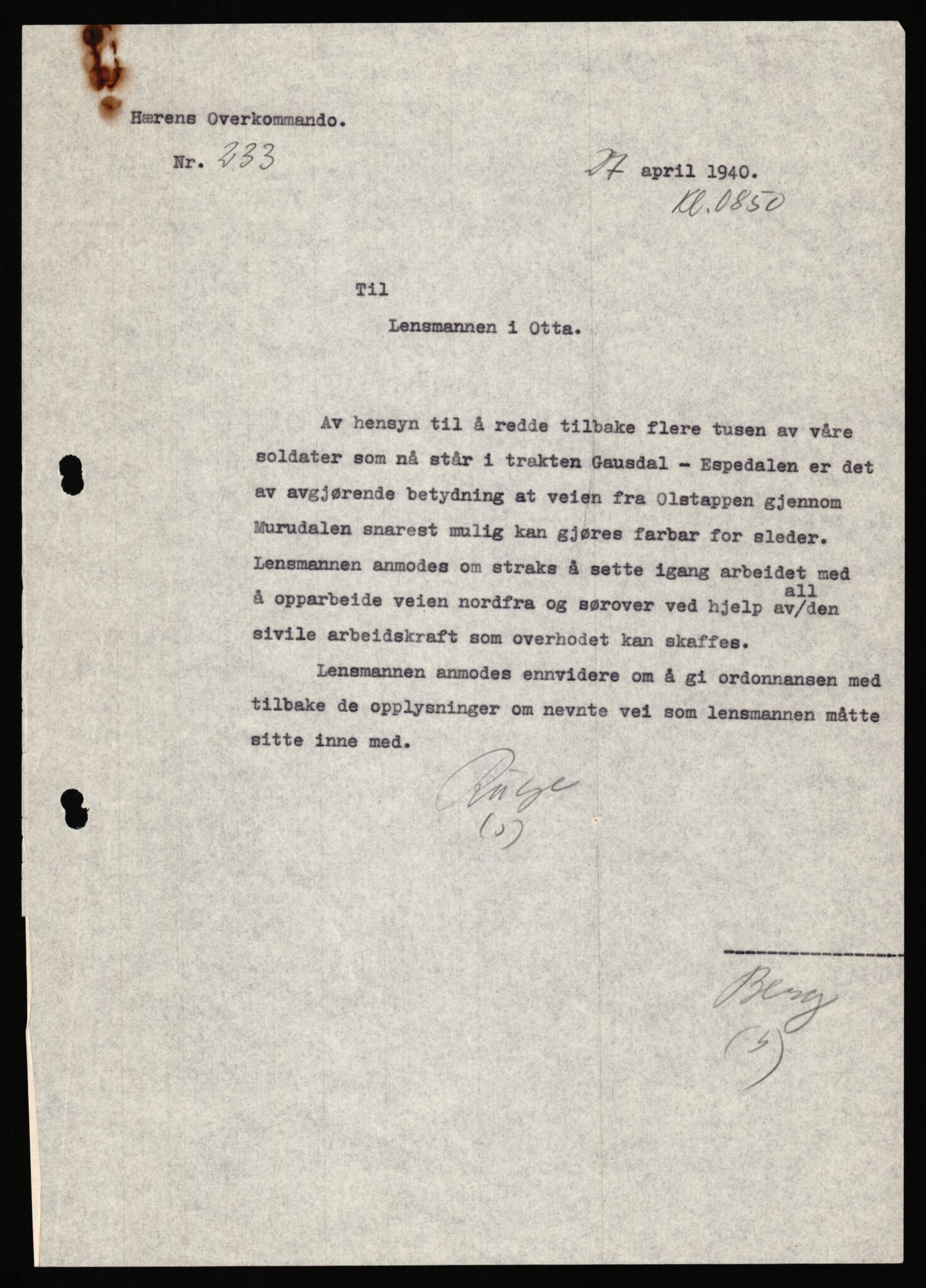 Forsvaret, Forsvarets krigshistoriske avdeling, AV/RA-RAFA-2017/Y/Ya/L0031: II-C-11-51 - Hærens overkommando, 1940, s. 276