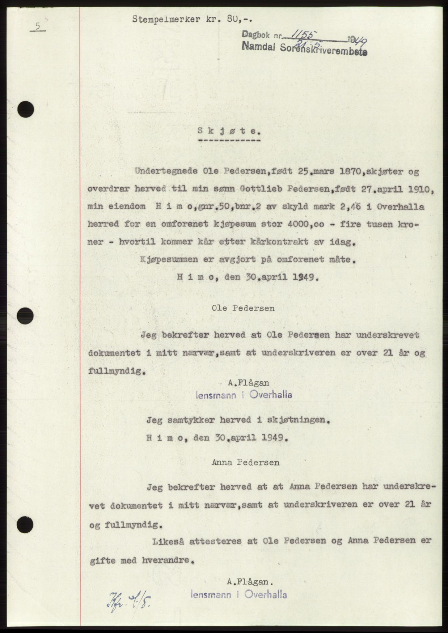 Namdal sorenskriveri, SAT/A-4133/1/2/2C: Pantebok nr. -, 1949-1949, Dagboknr: 1155/1949