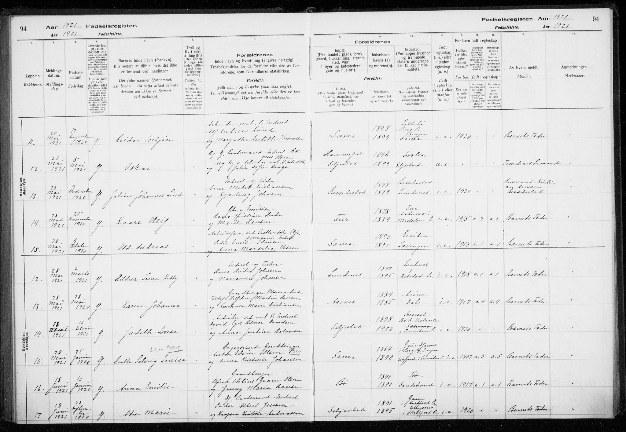Trondenes sokneprestkontor, AV/SATØ-S-1319/I/Ia/L0089: Fødselsregister nr. 89, 1916-1925, s. 94