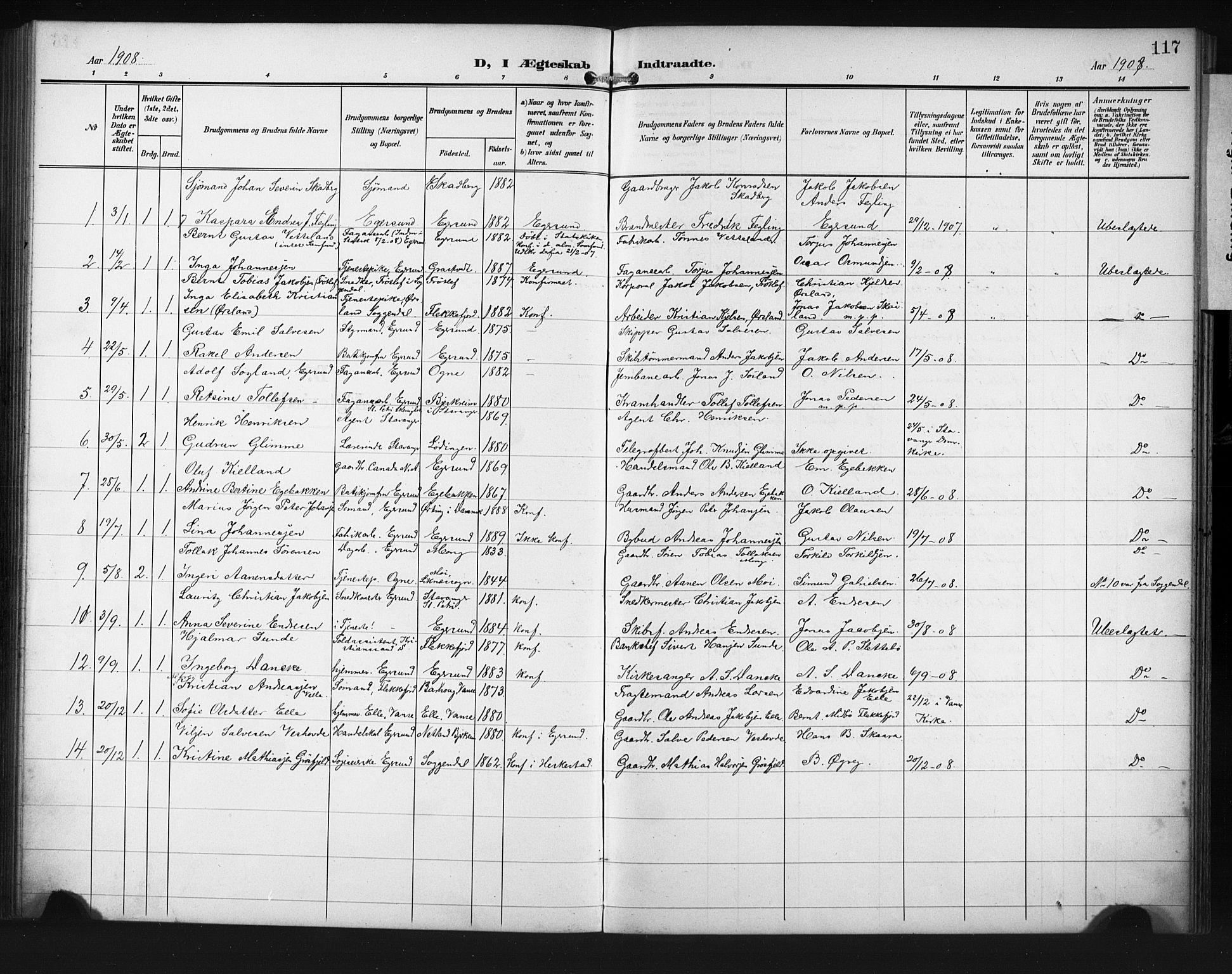 Eigersund sokneprestkontor, AV/SAST-A-101807/S09/L0012: Klokkerbok nr. B 12, 1908-1930, s. 117