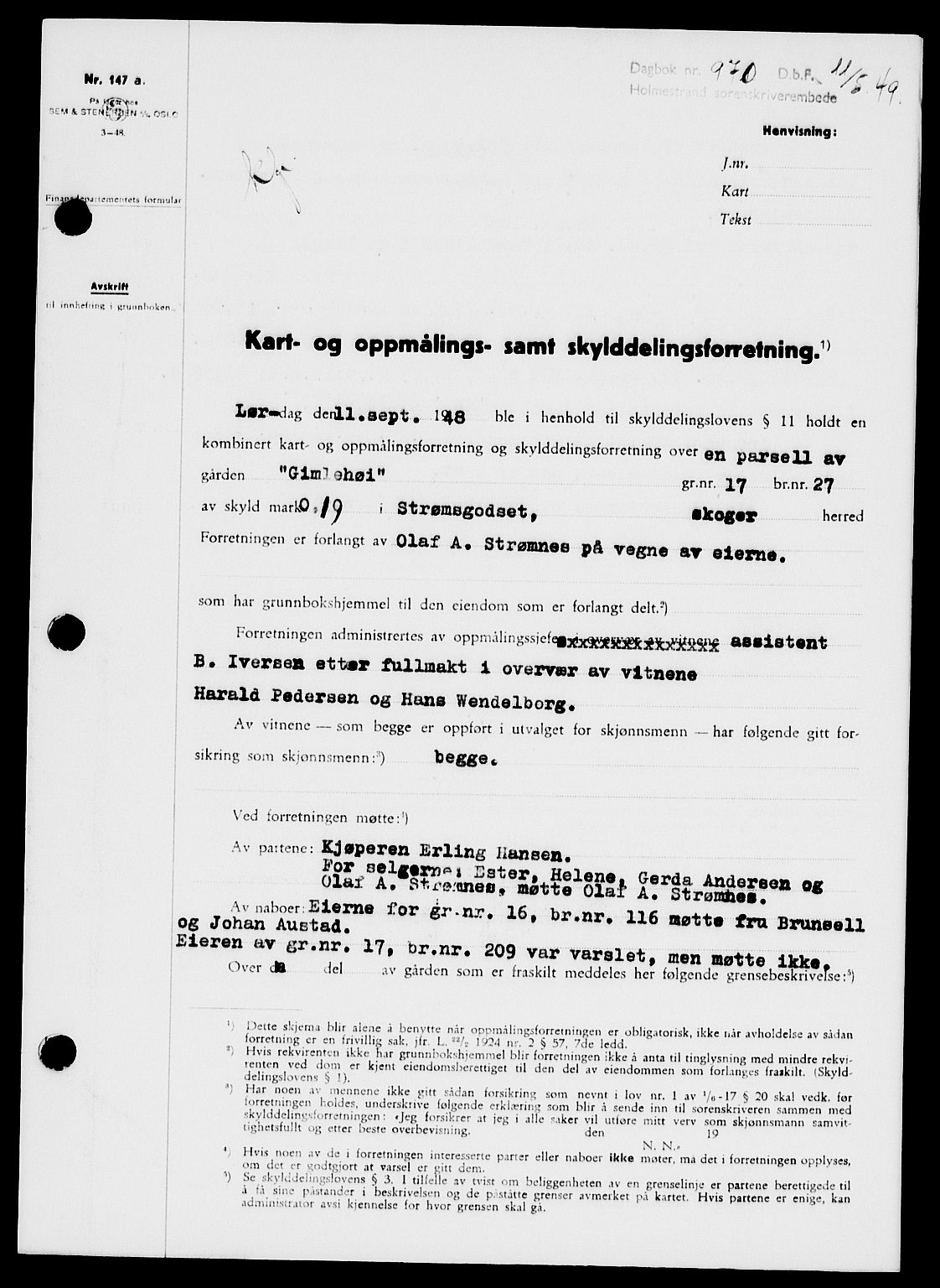 Holmestrand sorenskriveri, SAKO/A-67/G/Ga/Gaa/L0066: Pantebok nr. A-66, 1949-1949, Dagboknr: 970/1949