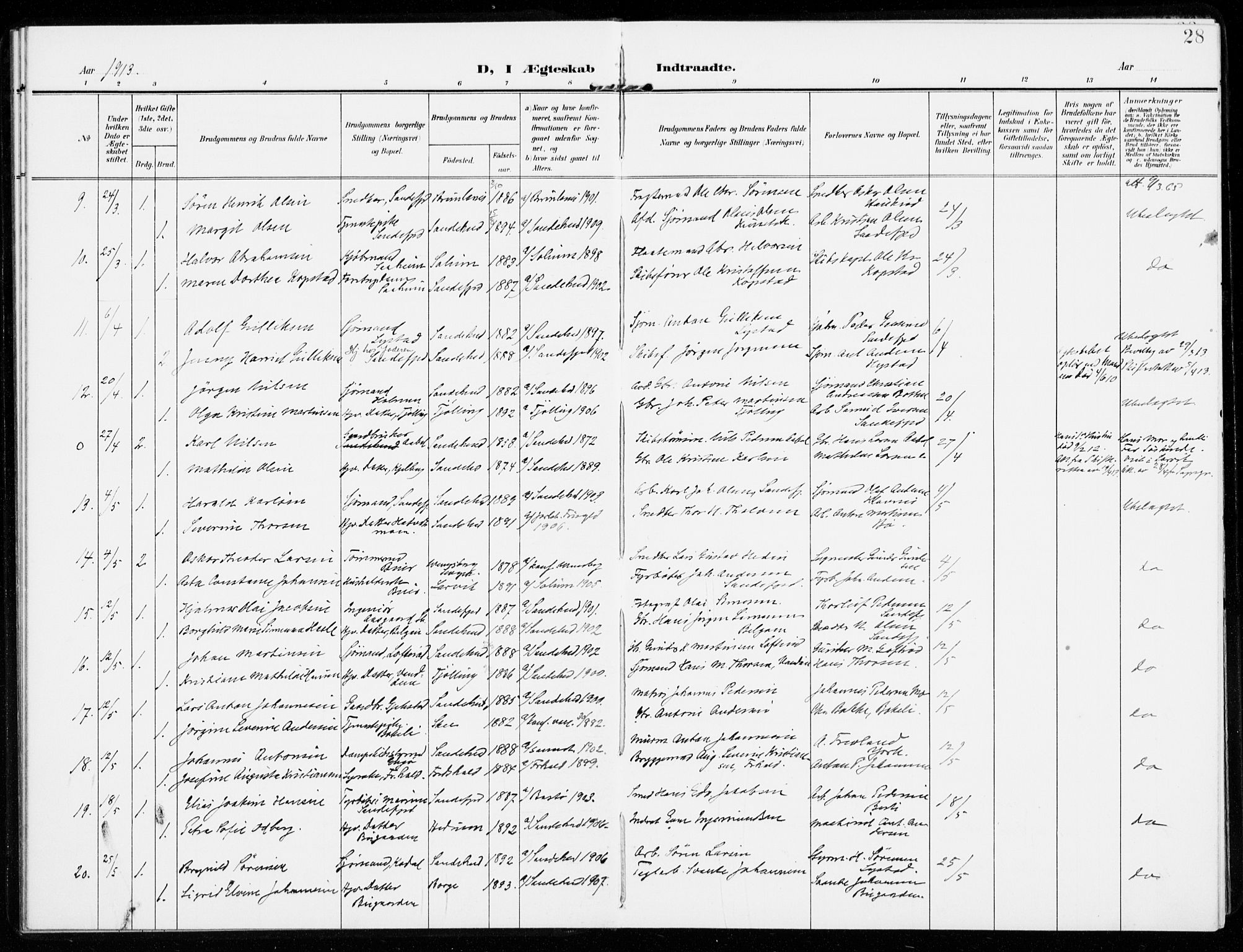 Sandar kirkebøker, AV/SAKO-A-243/F/Fa/L0019: Ministerialbok nr. 19, 1908-1914, s. 28