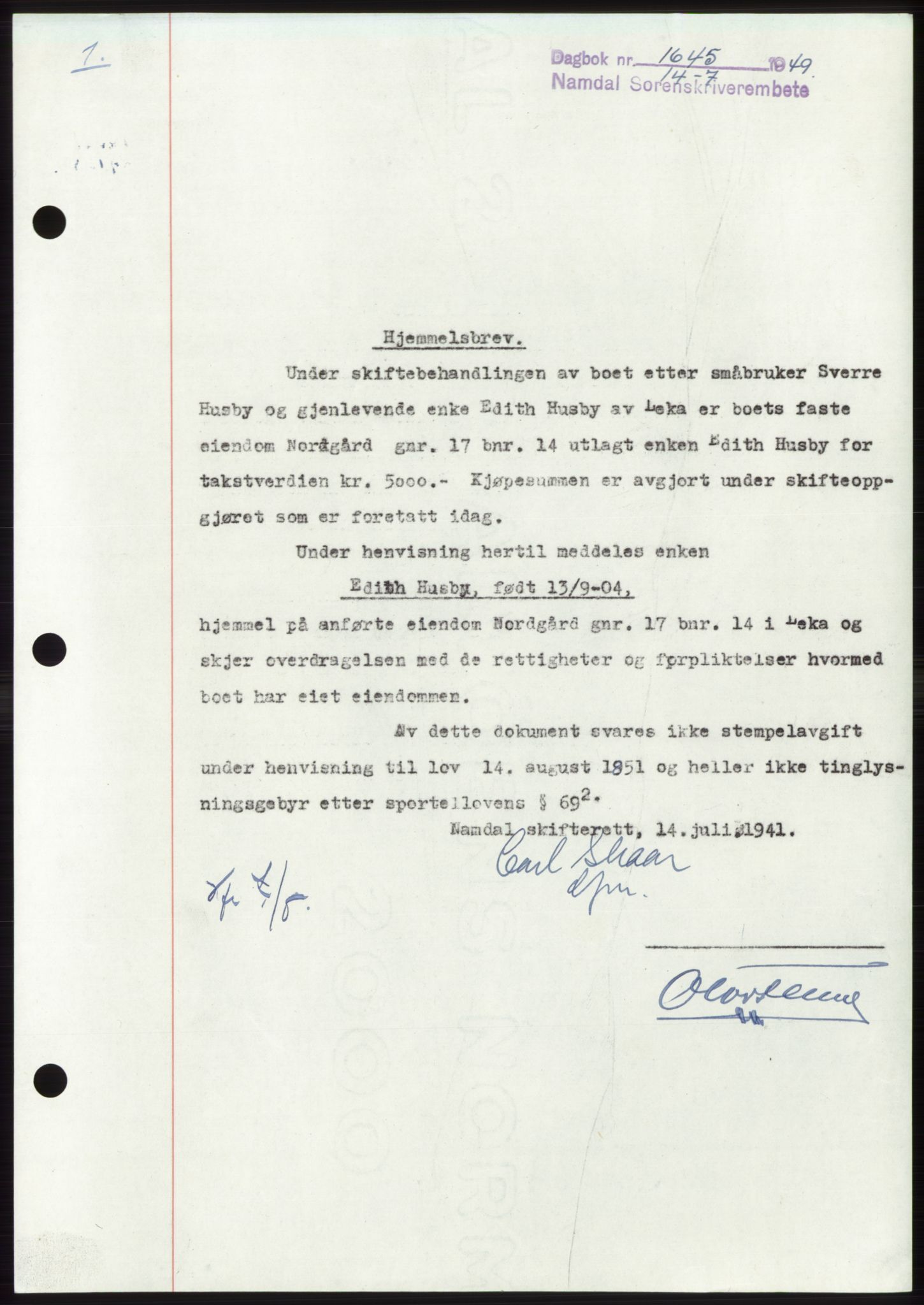Namdal sorenskriveri, SAT/A-4133/1/2/2C: Pantebok nr. -, 1949-1949, Dagboknr: 1645/1949