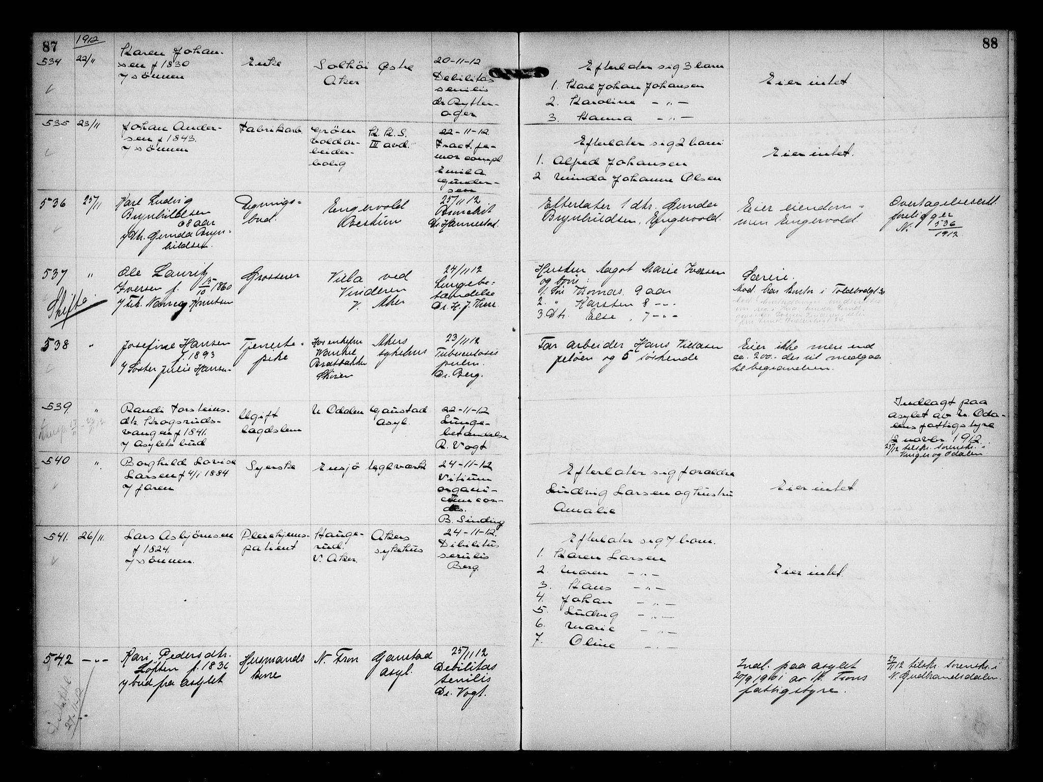 Aker kriminaldommer, skifte- og auksjonsforvalterembete, AV/SAO-A-10452/H/Hb/Hba/Hbaa/L0003: Dødsfallsprotokoll, 1912-1914, s. 87-88