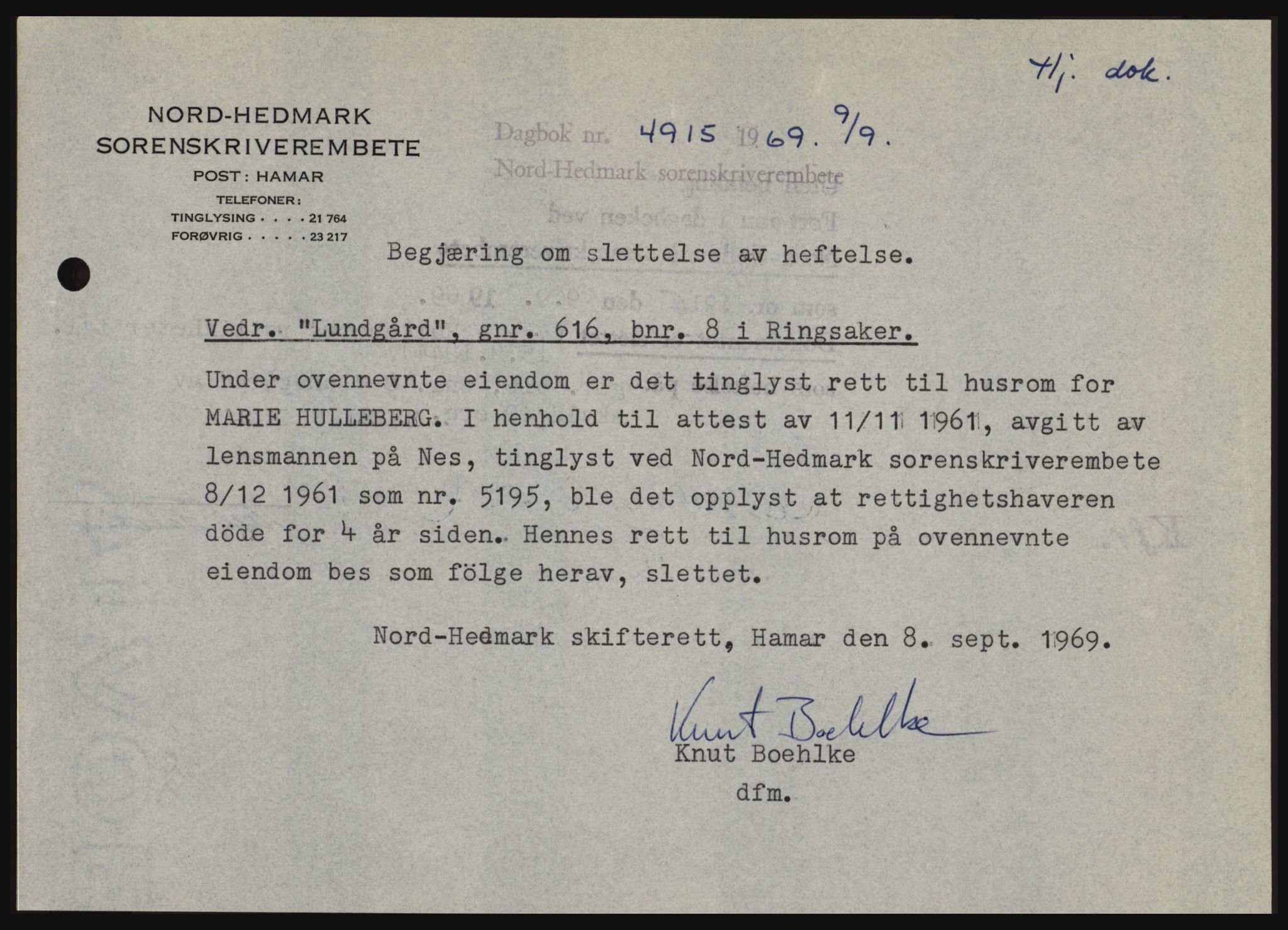 Nord-Hedmark sorenskriveri, SAH/TING-012/H/Hc/L0031: Pantebok nr. 31, 1969-1969, Dagboknr: 4915/1969