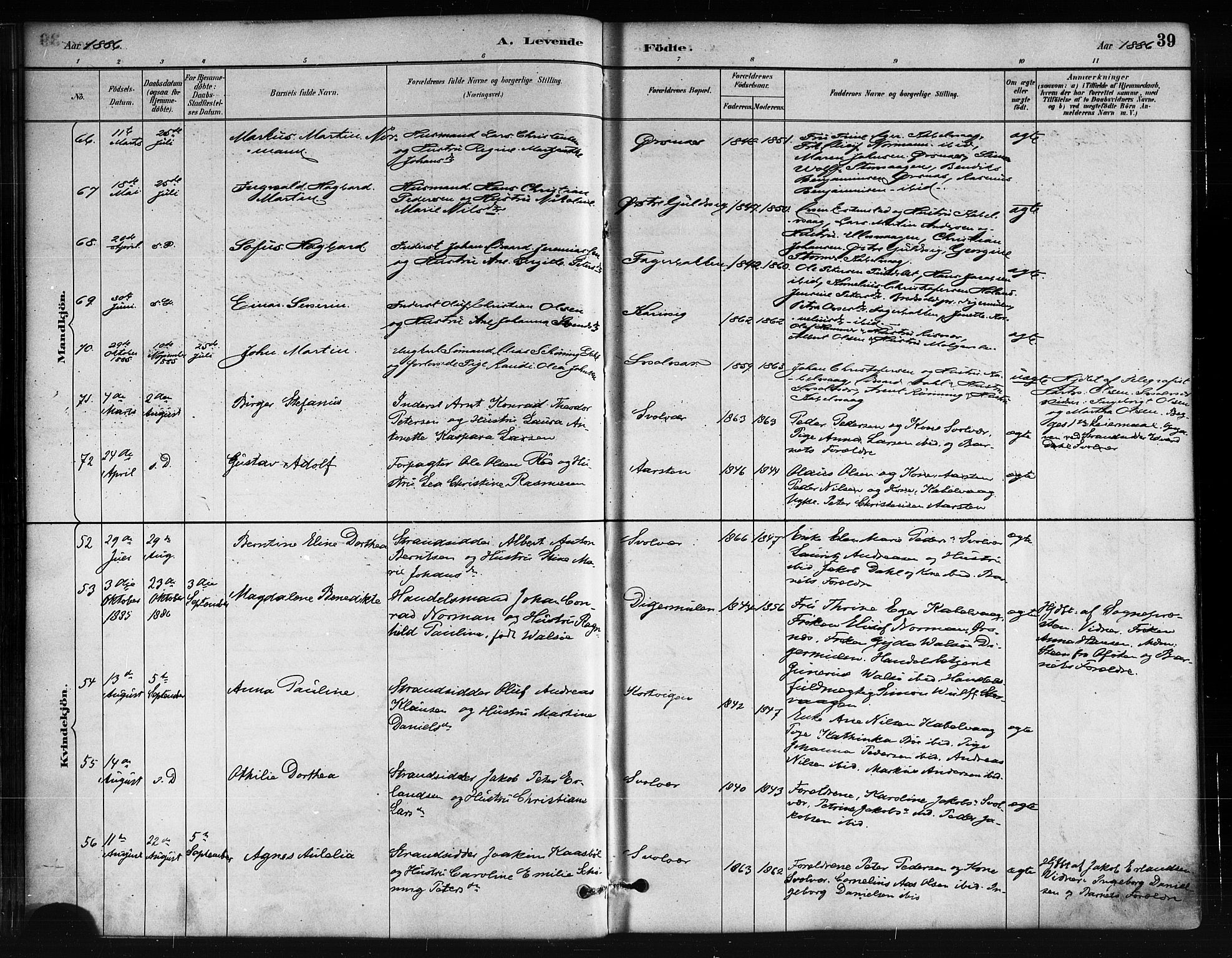 Ministerialprotokoller, klokkerbøker og fødselsregistre - Nordland, SAT/A-1459/874/L1059: Ministerialbok nr. 874A03, 1884-1890, s. 39