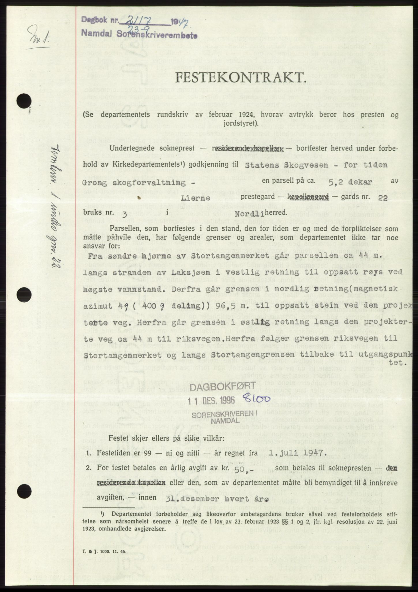 Namdal sorenskriveri, SAT/A-4133/1/2/2C: Pantebok nr. -, 1947-1947, Dagboknr: 2117/1947