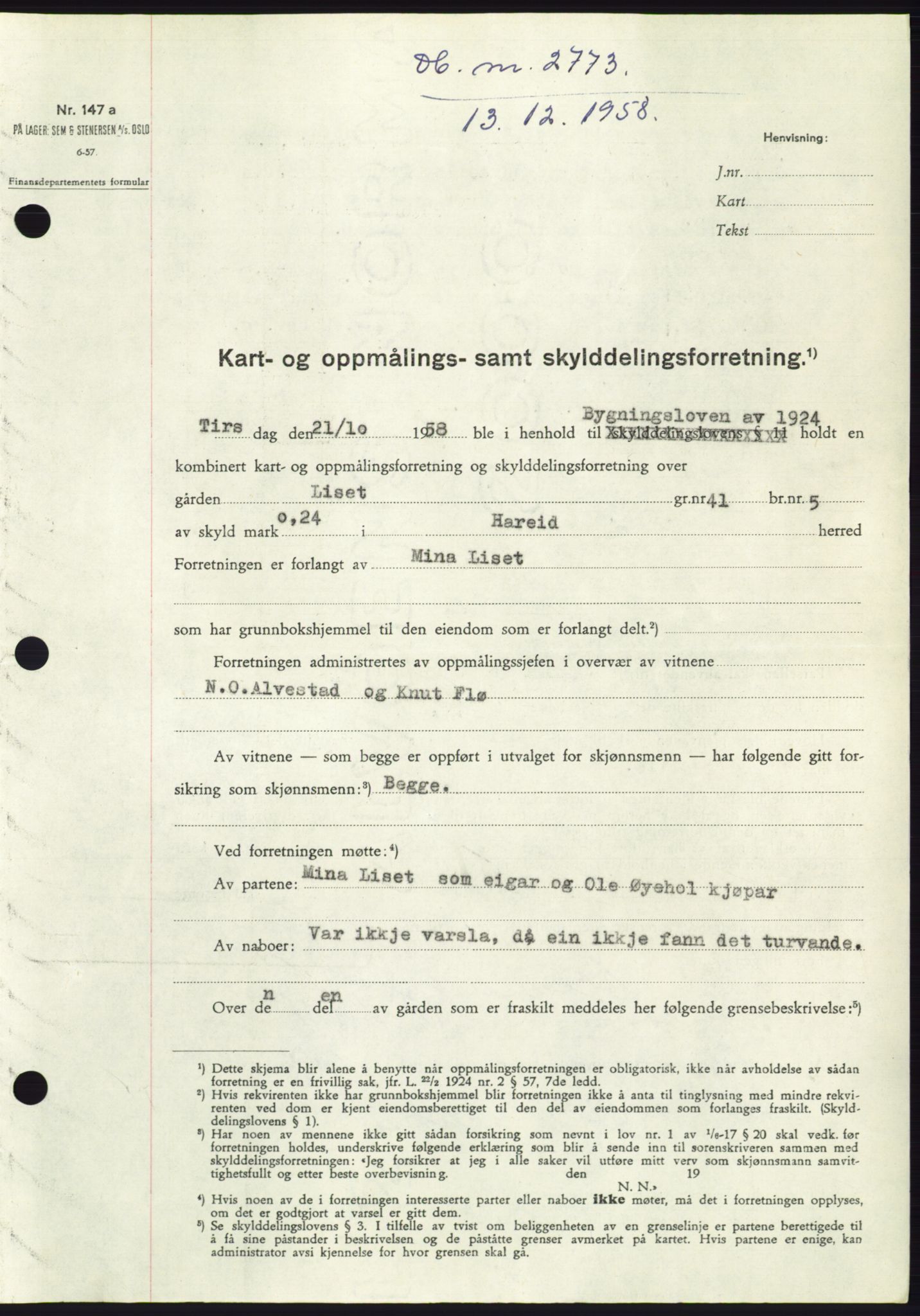 Søre Sunnmøre sorenskriveri, SAT/A-4122/1/2/2C/L0111: Pantebok nr. 37A, 1958-1959, Dagboknr: 2773/1958