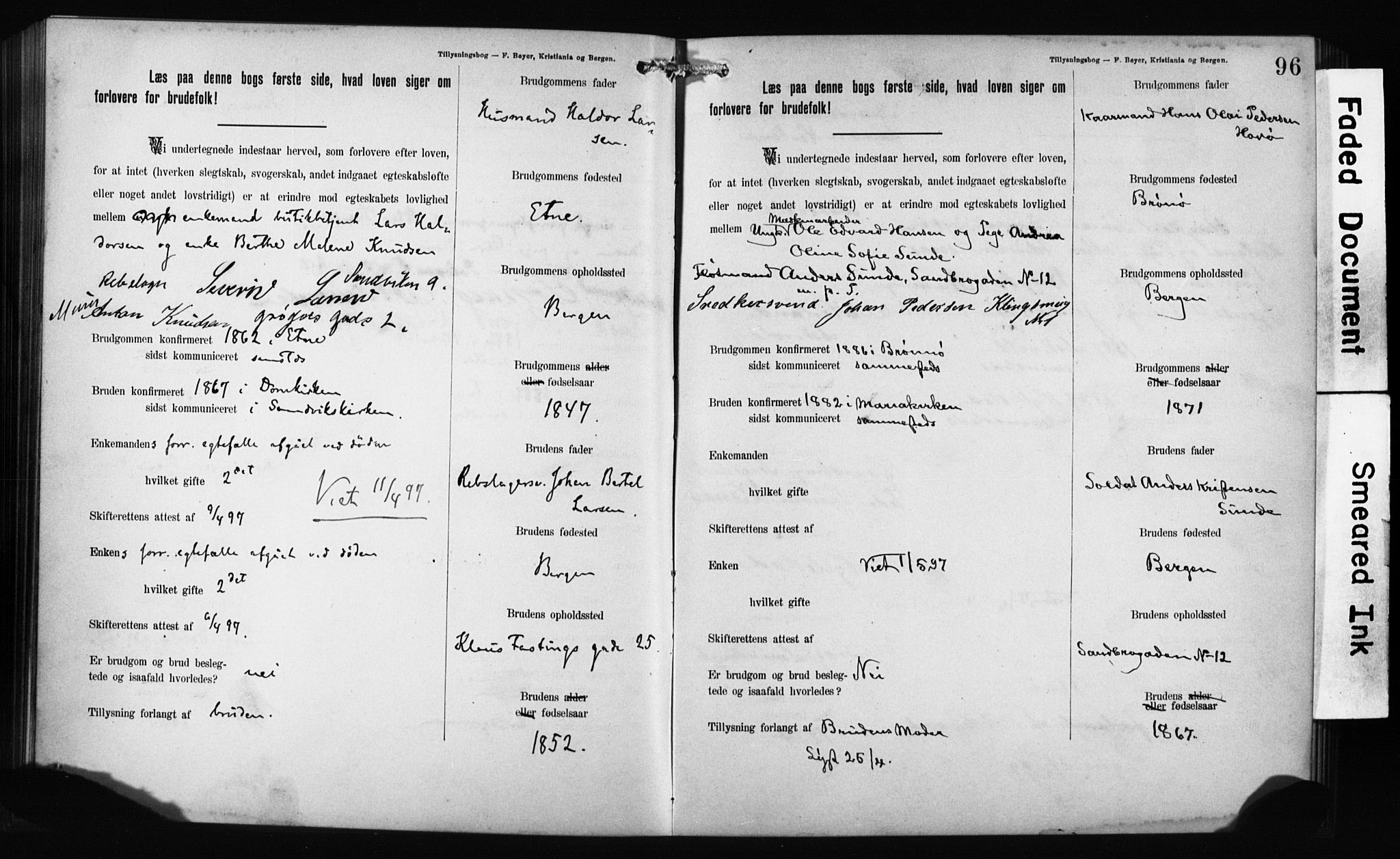Mariakirken Sokneprestembete, AV/SAB-A-76901: Forlovererklæringer nr. II.5.1, 1891-1901, s. 96