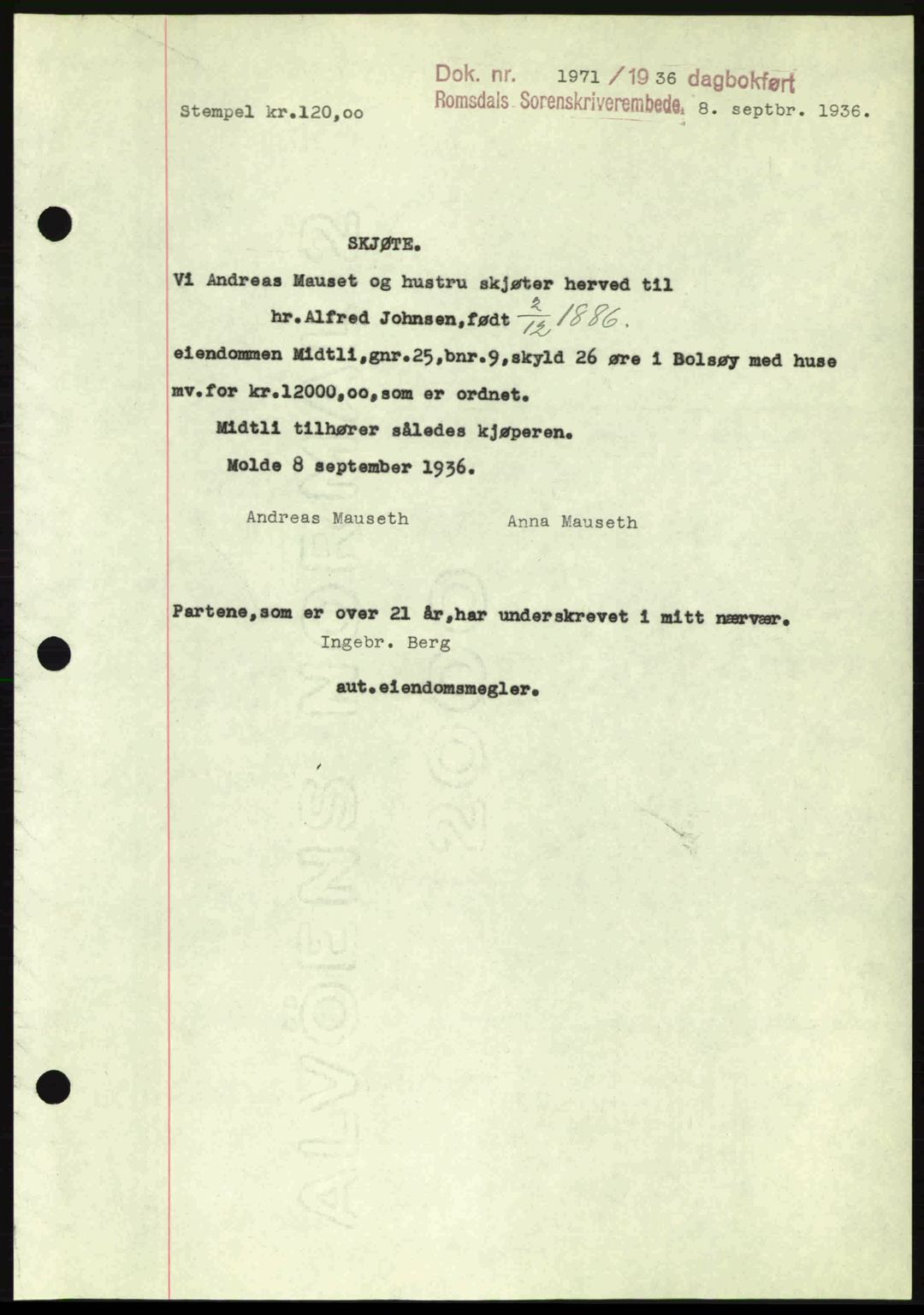 Romsdal sorenskriveri, SAT/A-4149/1/2/2C: Pantebok nr. A2, 1936-1937, Dagboknr: 1971/1936