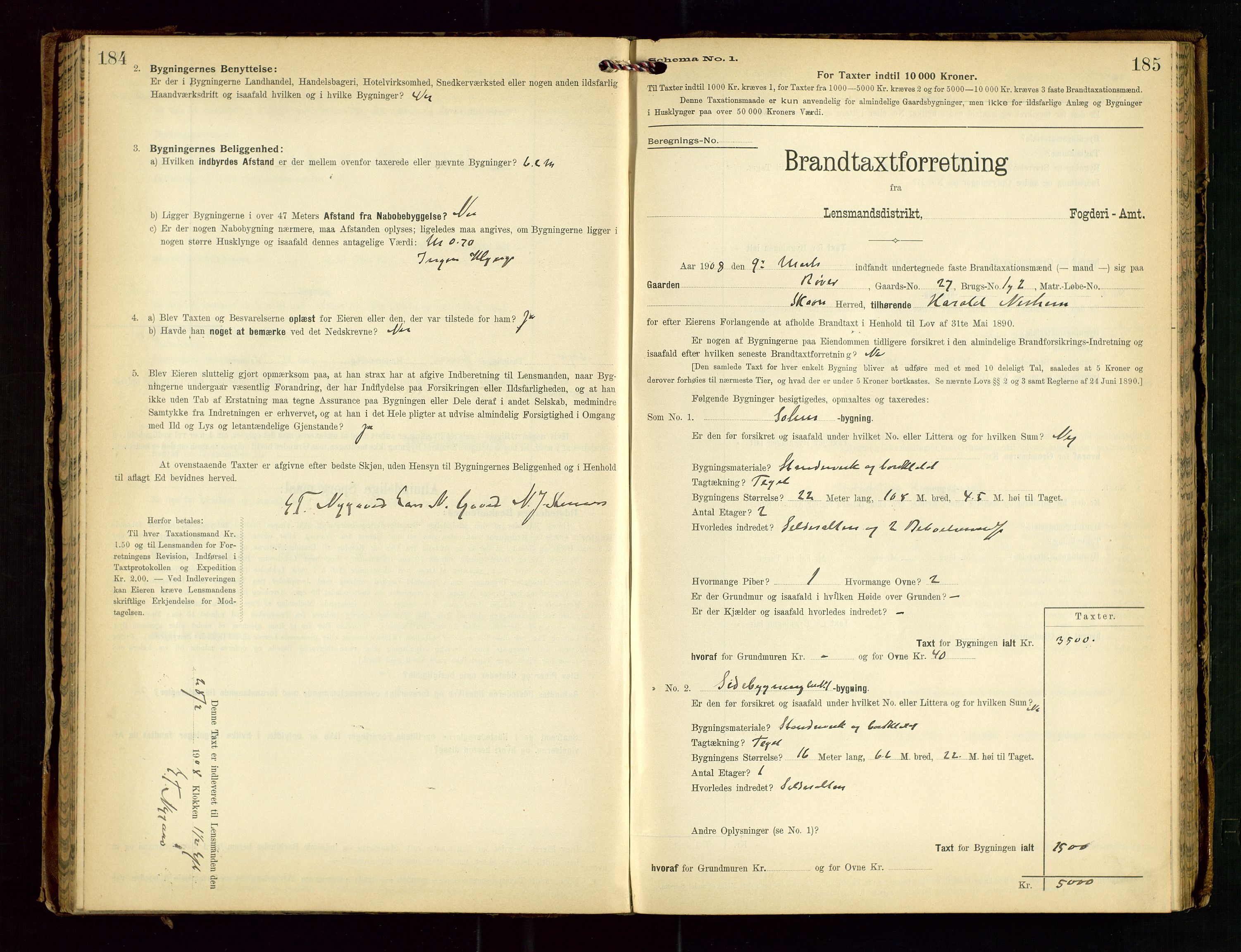 Torvestad lensmannskontor, AV/SAST-A-100307/1/Gob/L0003: "Brandtaxationsprotokol for Torvestad Lensmannsdistrikt", 1905-1909, s. 184-185