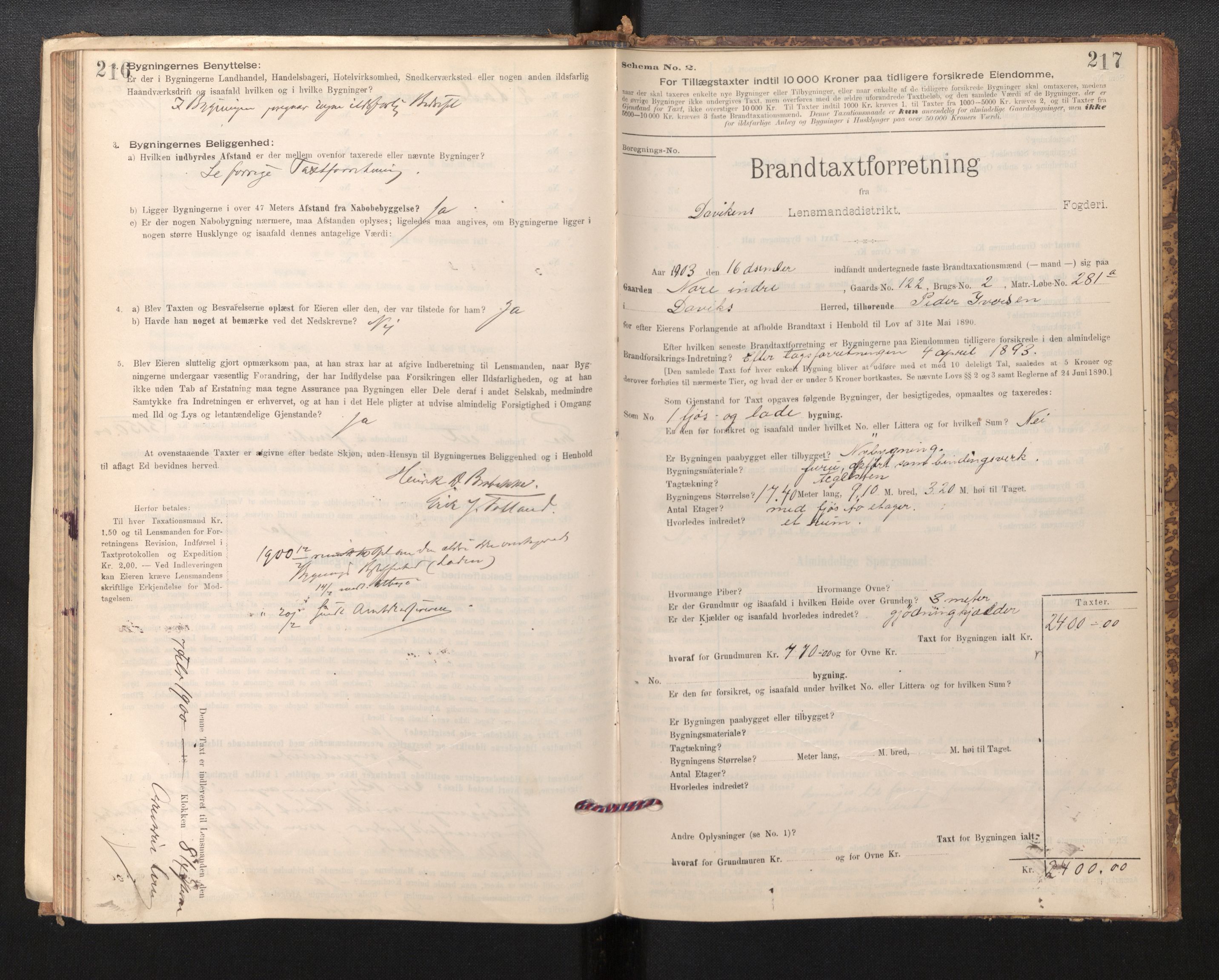 Lensmannen i Davik, AV/SAB-A-26801/0012/L0004: Branntakstprotokoll, skjematakst, 1894-1915, s. 216-217