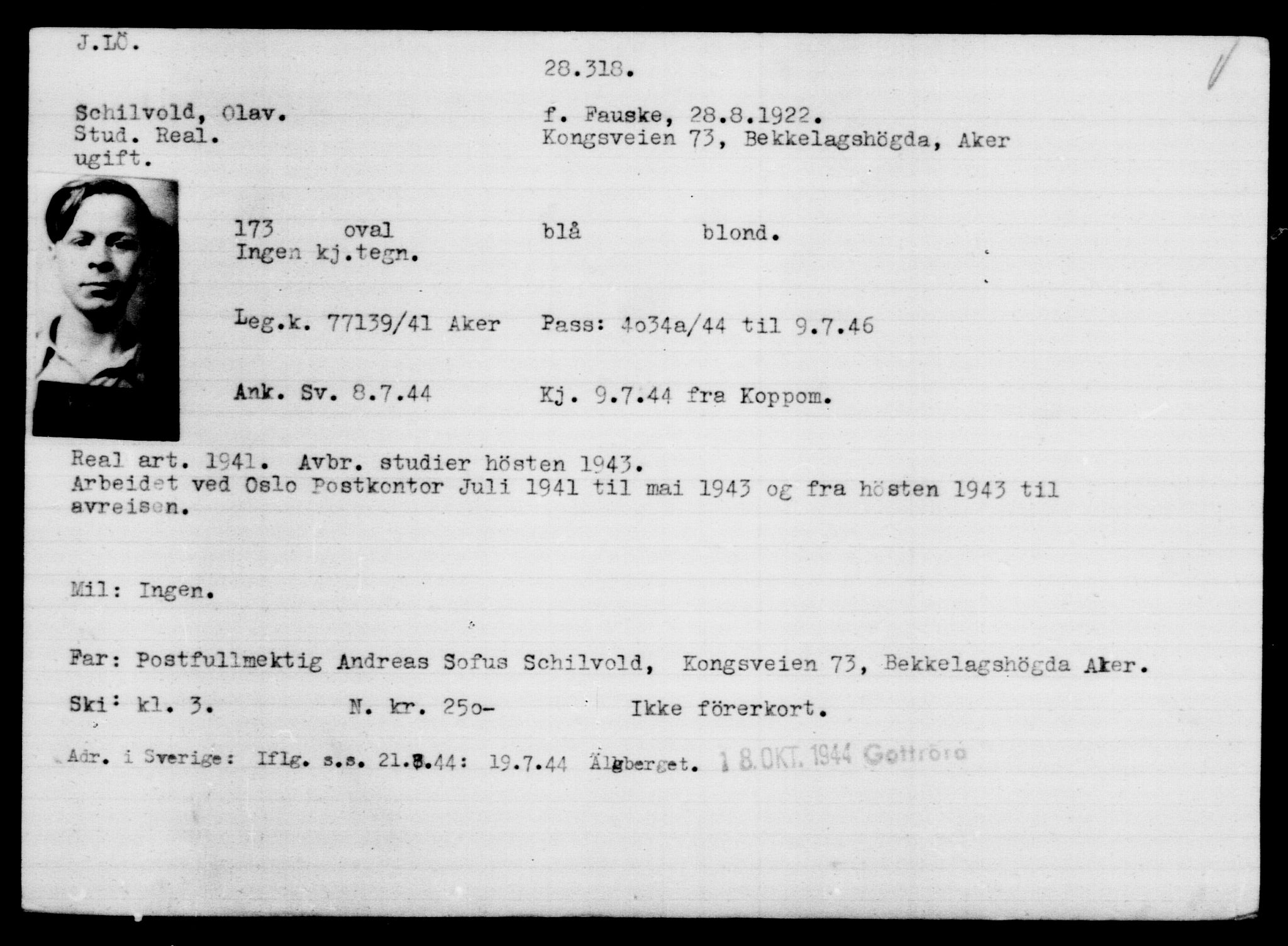 Utenriksstasjonene, Legasjonen i Stockholm, Flyktningkontoret, AV/RA-S-6753/V/Va/L0012: Kjesäterkartoteket, flyktninger med registreringsnr. 28300-31566, 1940-1945, s. 20