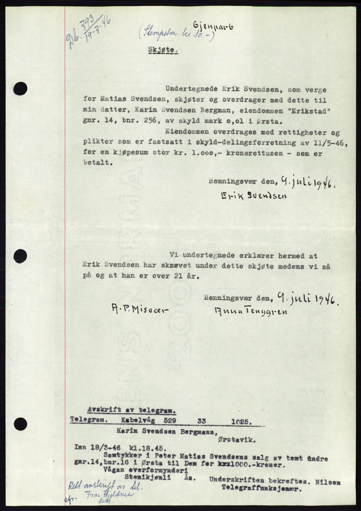 Søre Sunnmøre sorenskriveri, SAT/A-4122/1/2/2C/L0078: Pantebok nr. 4A, 1946-1946, Dagboknr: 793/1946