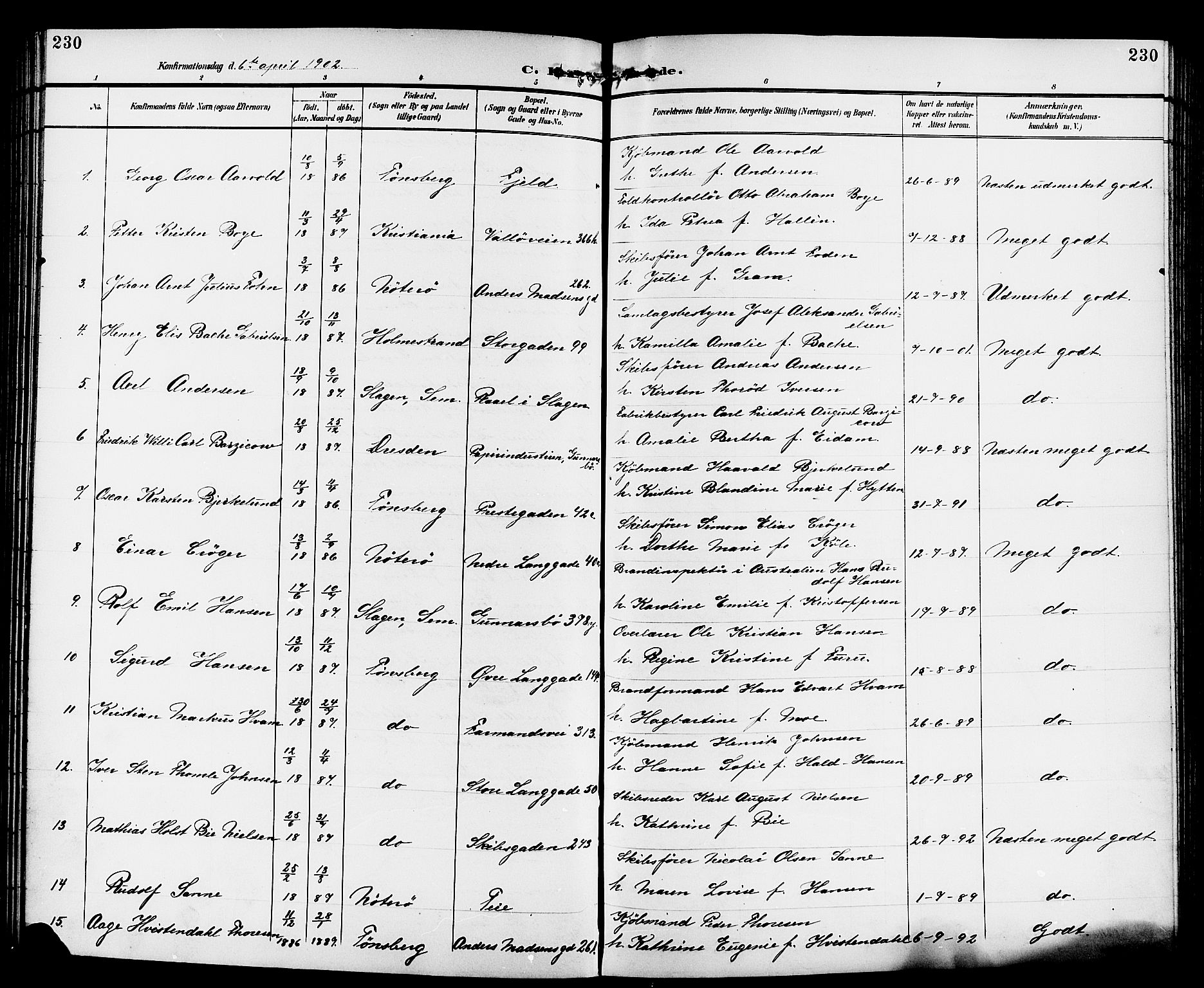 Tønsberg kirkebøker, AV/SAKO-A-330/G/Ga/L0007: Klokkerbok nr. 7, 1896-1904, s. 230