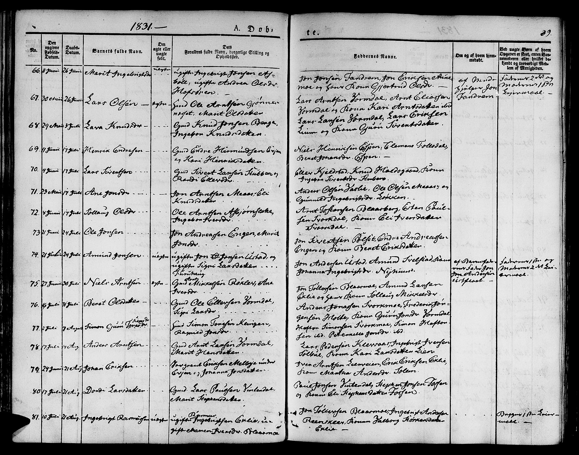 Ministerialprotokoller, klokkerbøker og fødselsregistre - Sør-Trøndelag, SAT/A-1456/668/L0804: Ministerialbok nr. 668A04, 1826-1839, s. 39