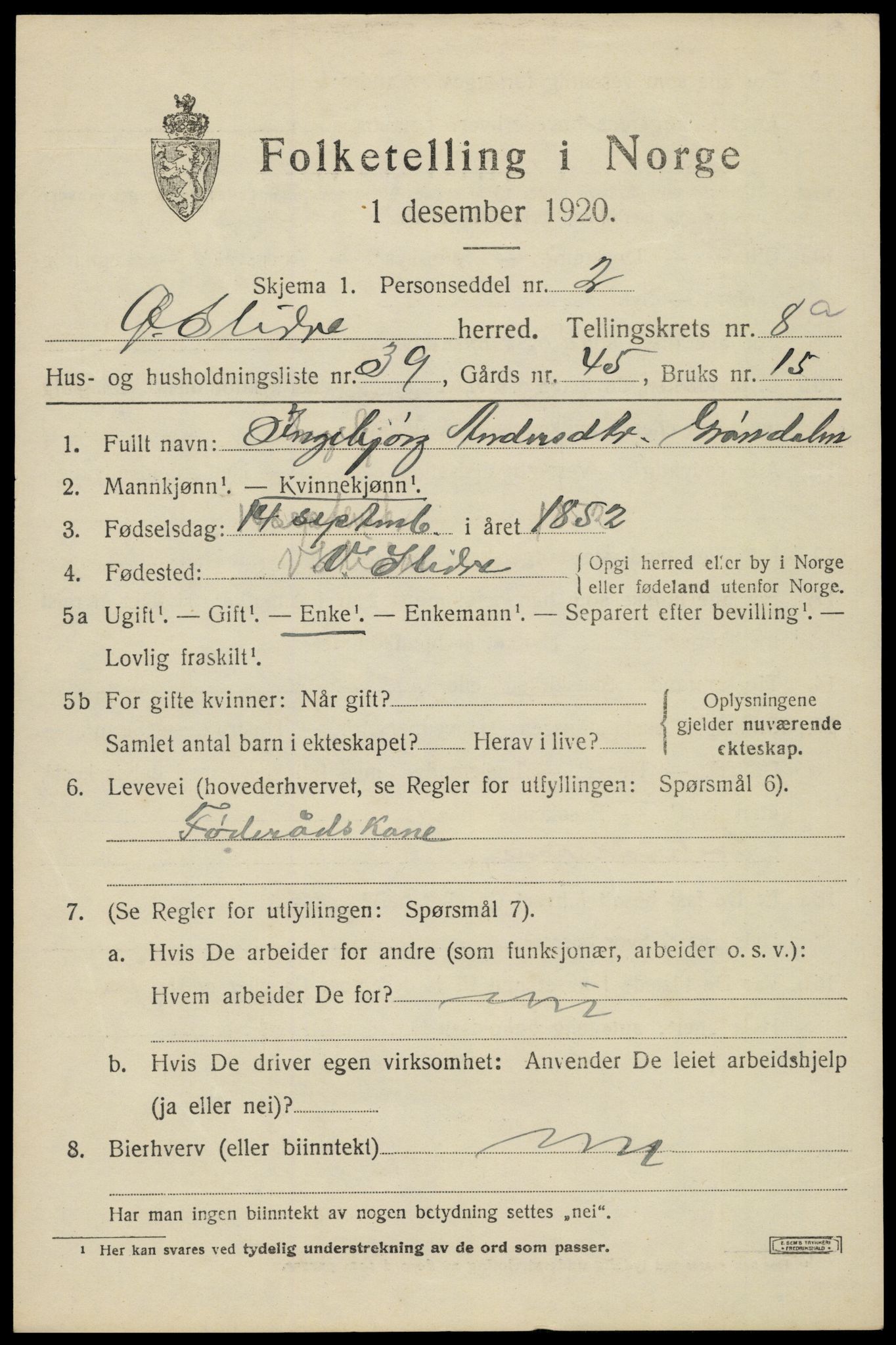 SAH, Folketelling 1920 for 0544 Øystre Slidre herred, 1920, s. 5179