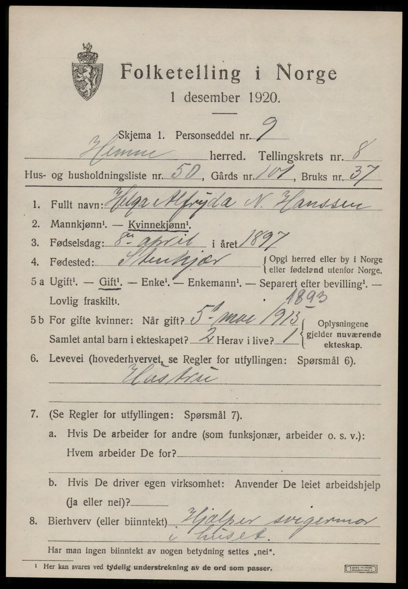 SAT, Folketelling 1920 for 1612 Hemne herred, 1920, s. 5374