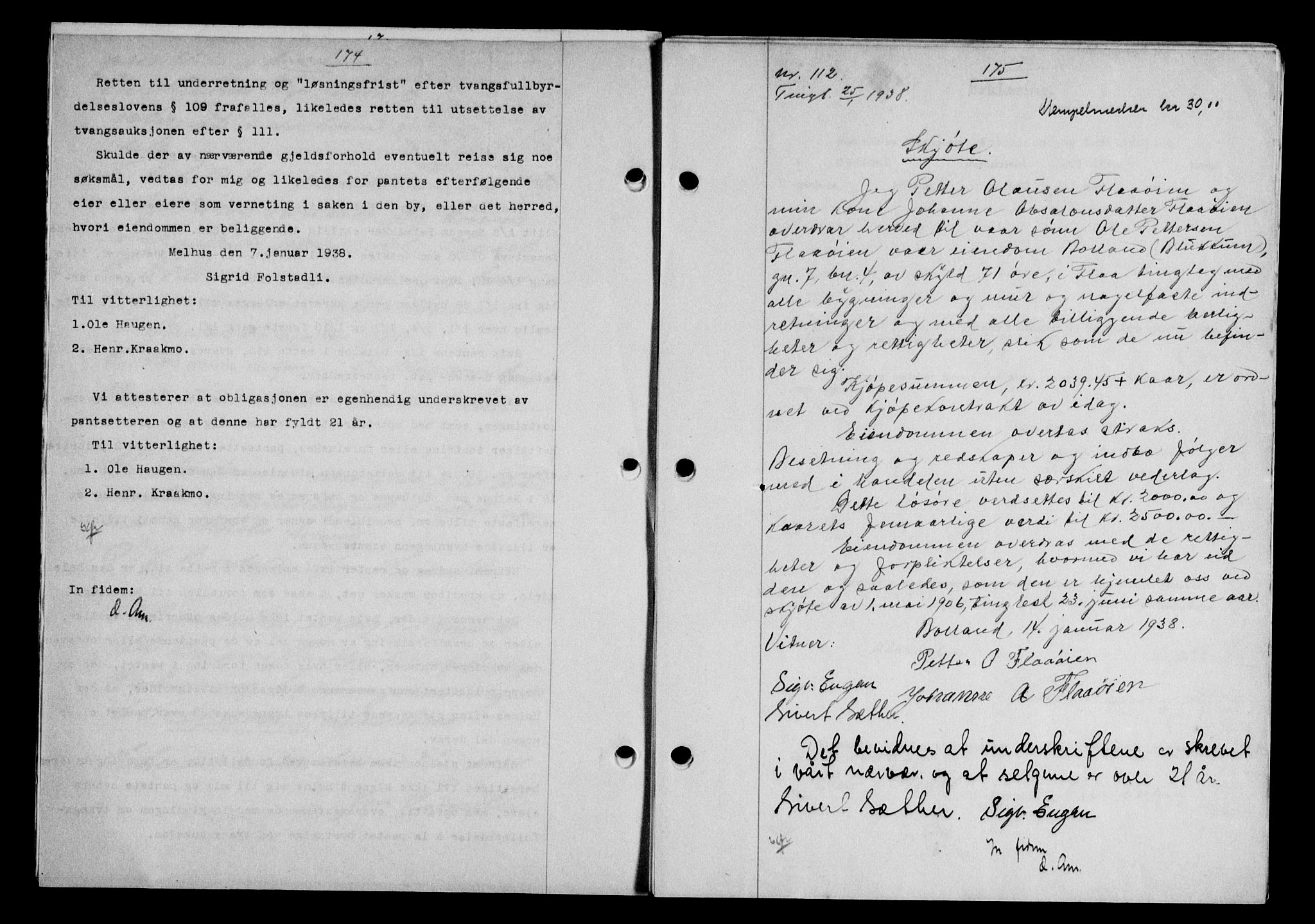 Gauldal sorenskriveri, SAT/A-0014/1/2/2C/L0048: Pantebok nr. 51-52, 1937-1938, s. 174-175, Dagboknr: 112/1938