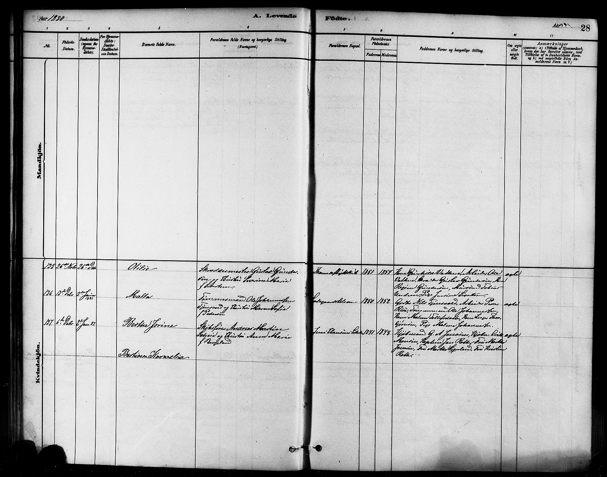 Domkirken sokneprestkontor, SAST/A-101812/001/30/30BB/L0015: Klokkerbok nr. B 15, 1880-1891, s. 28