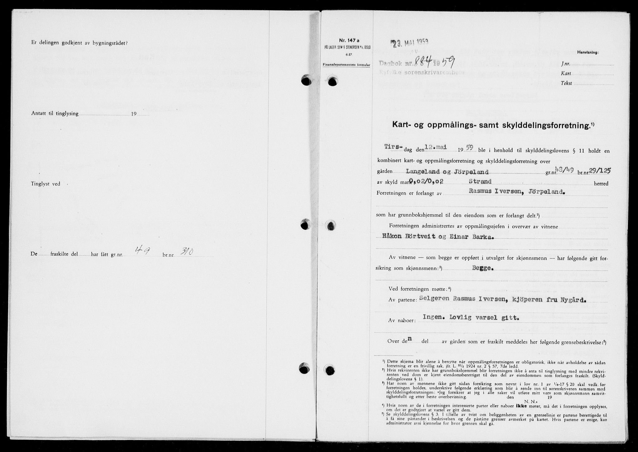 Ryfylke tingrett, SAST/A-100055/001/II/IIB/L0146: Pantebok nr. 125, 1965-1959, Dagboknr: 884/1959