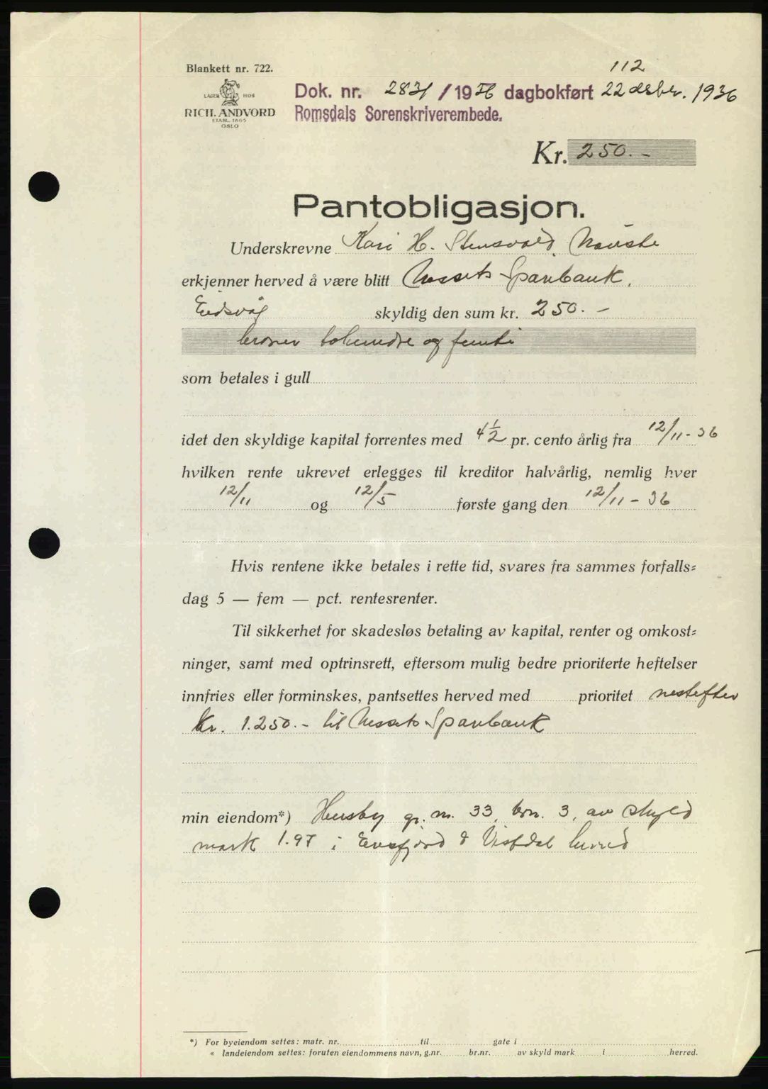 Romsdal sorenskriveri, SAT/A-4149/1/2/2C: Pantebok nr. B1, 1936-1939, Dagboknr: 2831/1936