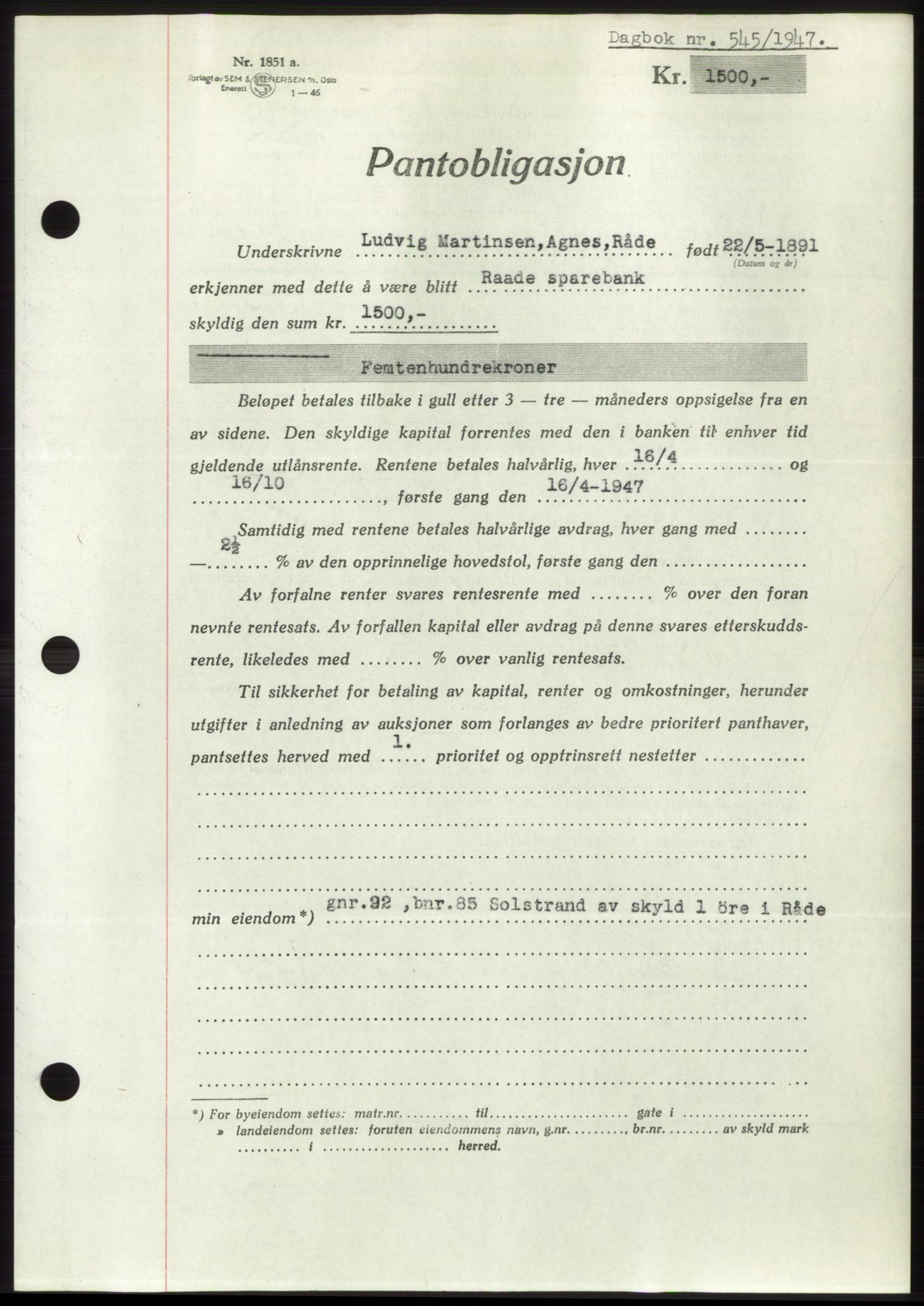 Moss sorenskriveri, SAO/A-10168: Pantebok nr. B16, 1946-1947, Dagboknr: 545/1947