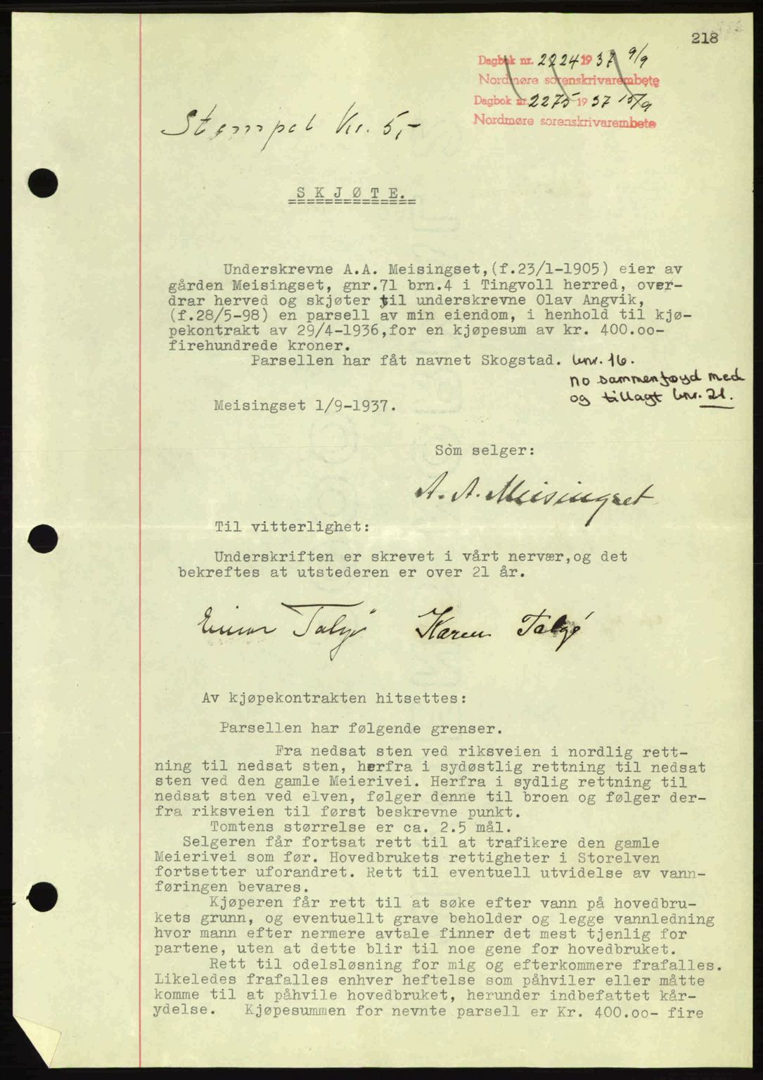 Nordmøre sorenskriveri, SAT/A-4132/1/2/2Ca: Pantebok nr. A82, 1937-1938, Dagboknr: 2275/1937