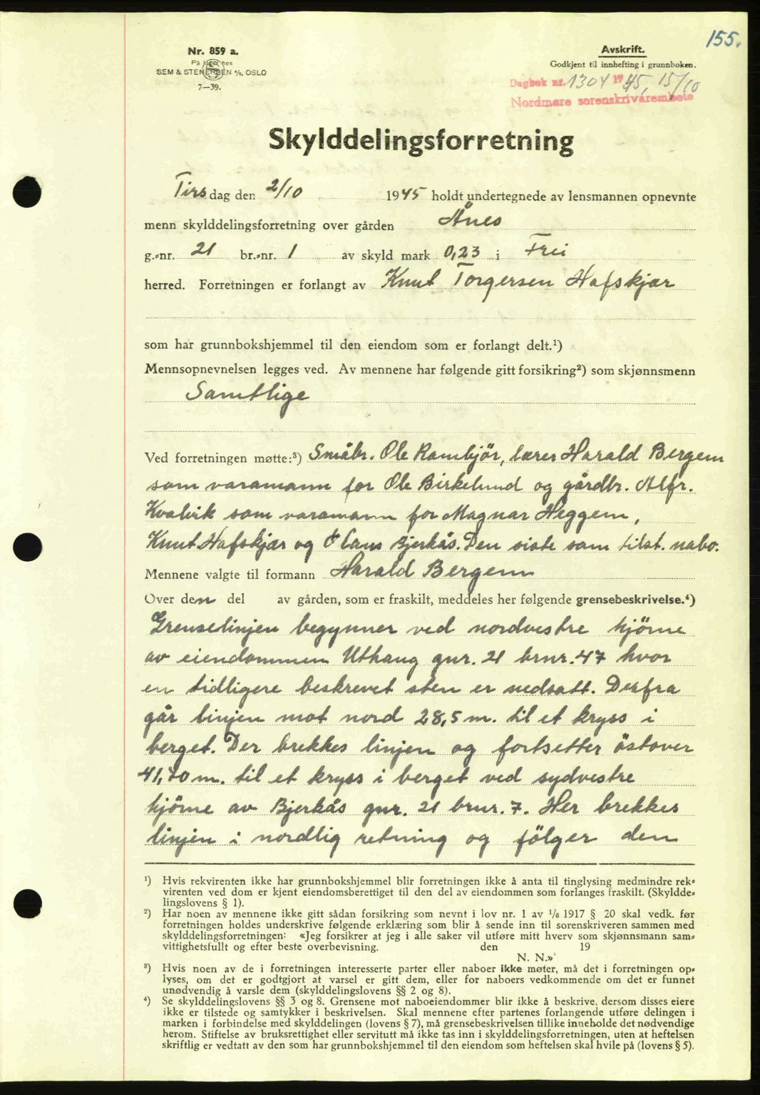 Nordmøre sorenskriveri, AV/SAT-A-4132/1/2/2Ca: Pantebok nr. A100a, 1945-1945, Dagboknr: 1304/1945