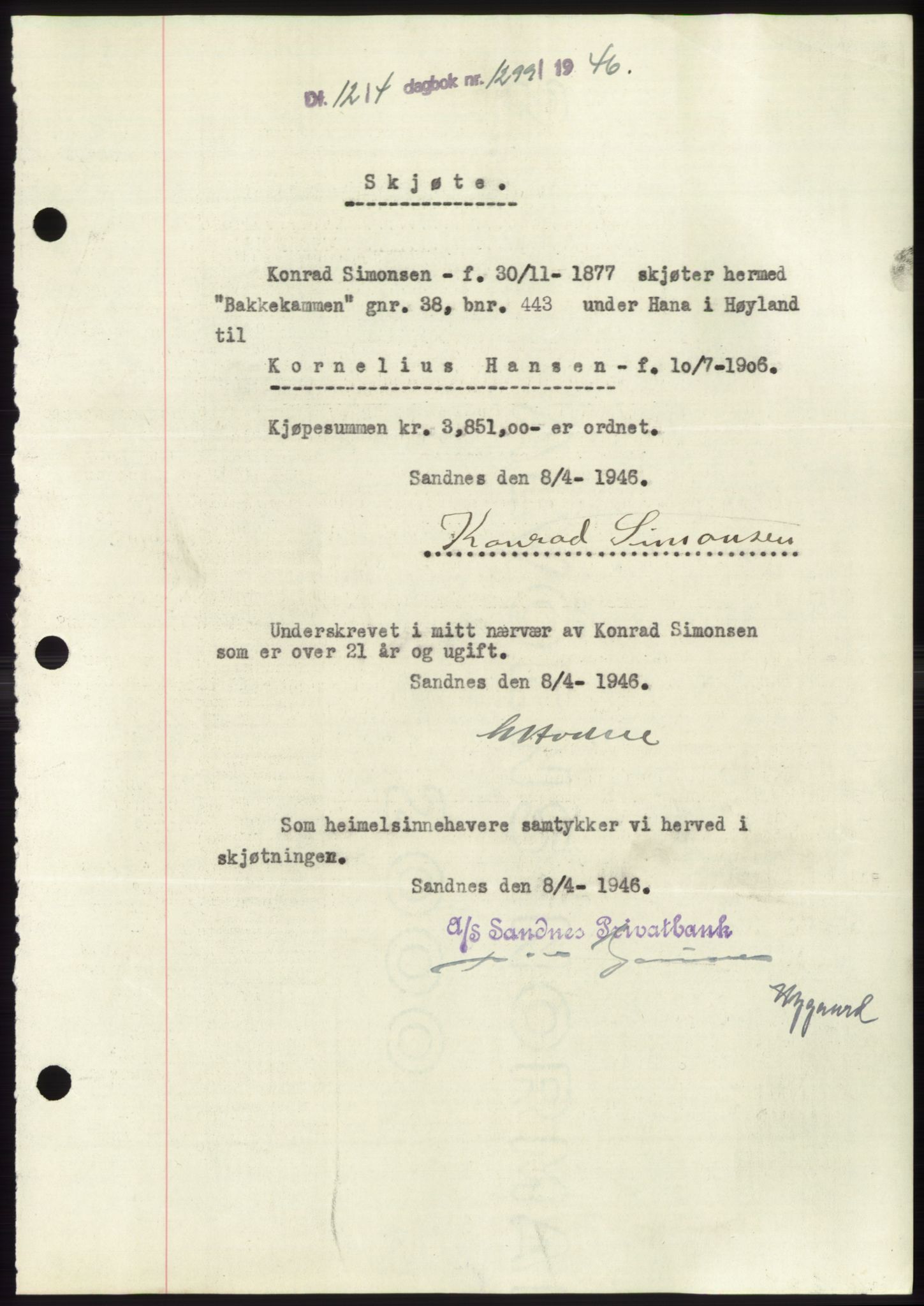 Jæren sorenskriveri, SAST/A-100310/03/G/Gba/L0089: Pantebok, 1946-1946, Dagboknr: 1299/1946