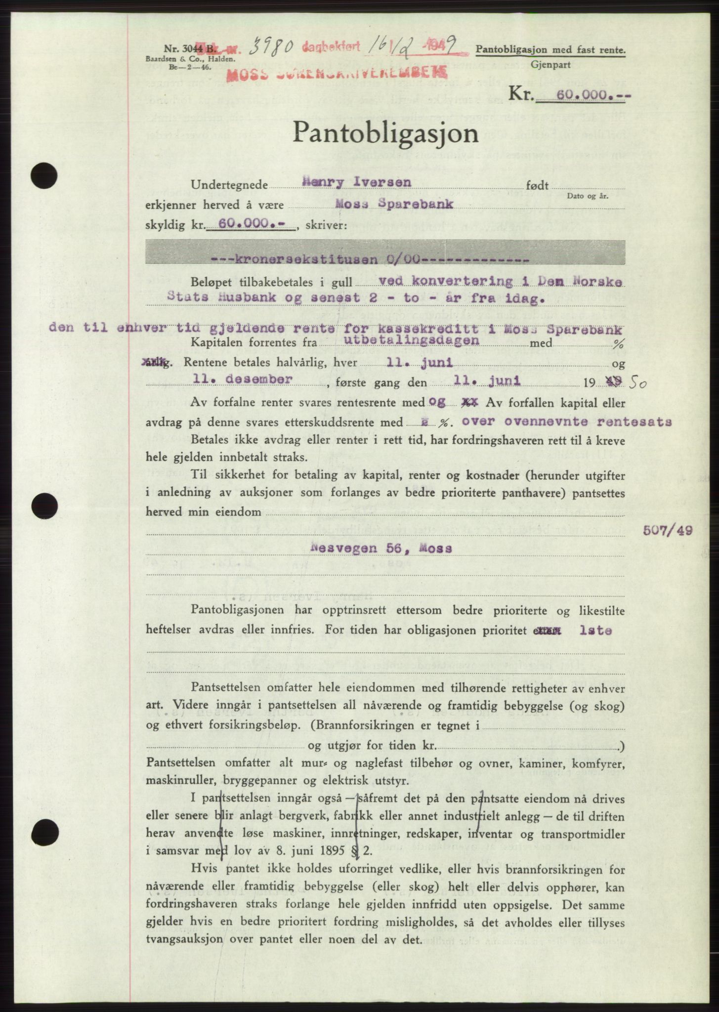 Moss sorenskriveri, SAO/A-10168: Pantebok nr. B23, 1949-1950, Dagboknr: 3980/1949