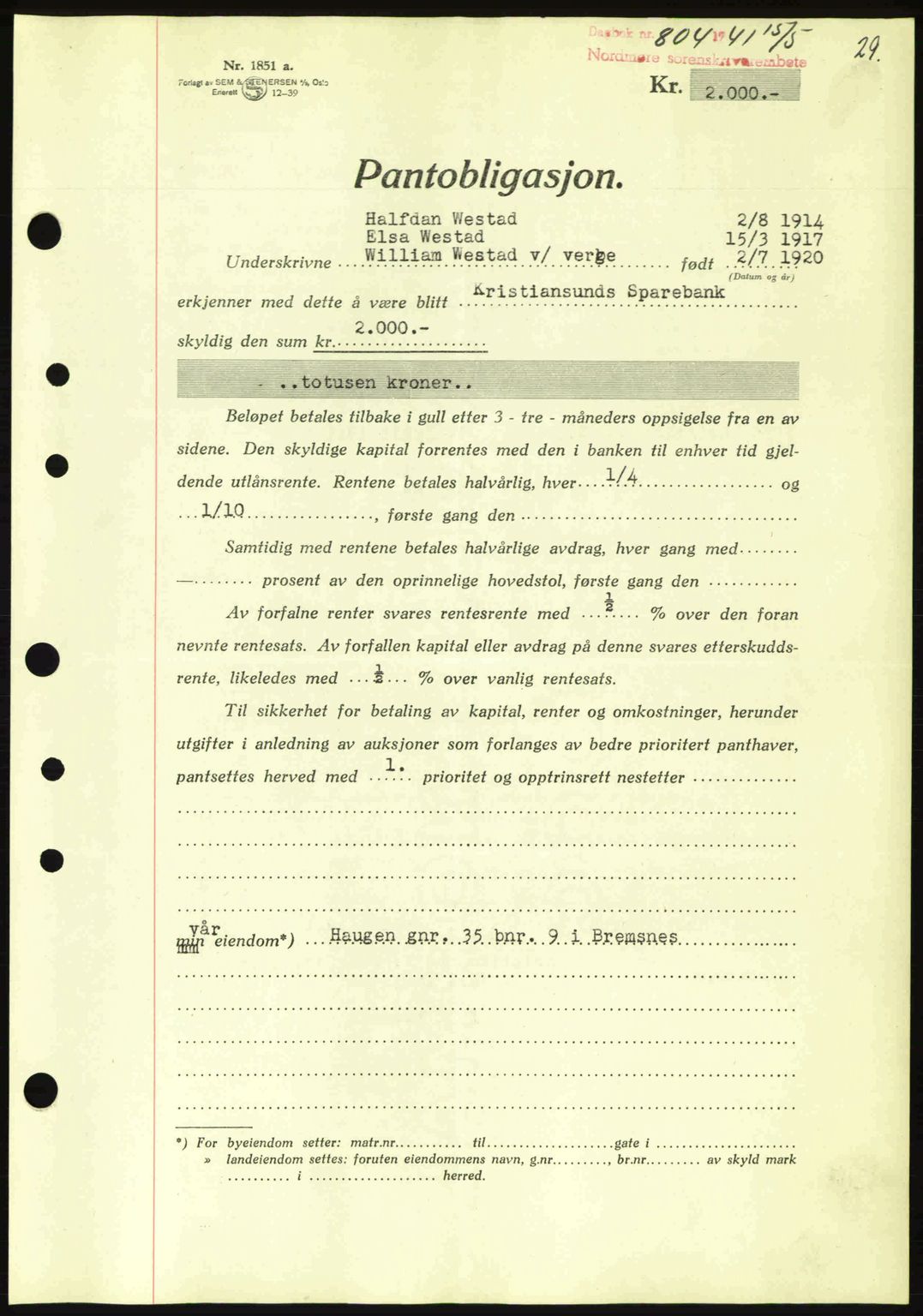 Nordmøre sorenskriveri, AV/SAT-A-4132/1/2/2Ca: Pantebok nr. B88, 1941-1942, Dagboknr: 804/1941