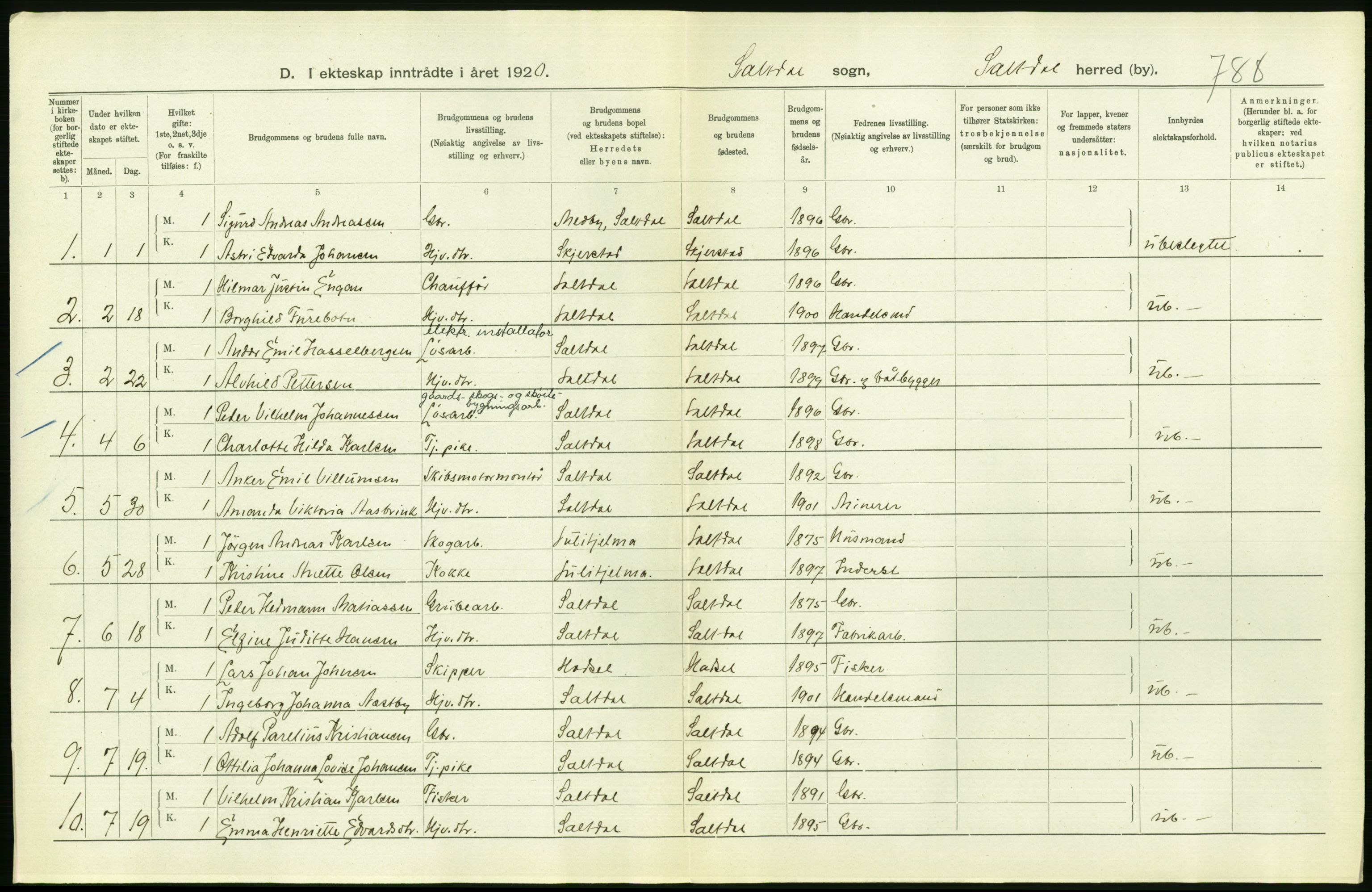 Statistisk sentralbyrå, Sosiodemografiske emner, Befolkning, AV/RA-S-2228/D/Df/Dfb/Dfbj/L0057: Nordland fylke: Gifte, dødfødte. Bygder og byer., 1920, s. 170