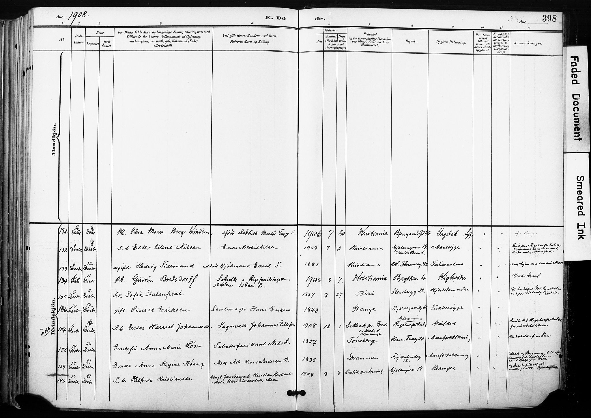 Gamle Aker prestekontor Kirkebøker, AV/SAO-A-10617a/F/L0013: Ministerialbok nr. 13, 1901-1908, s. 398