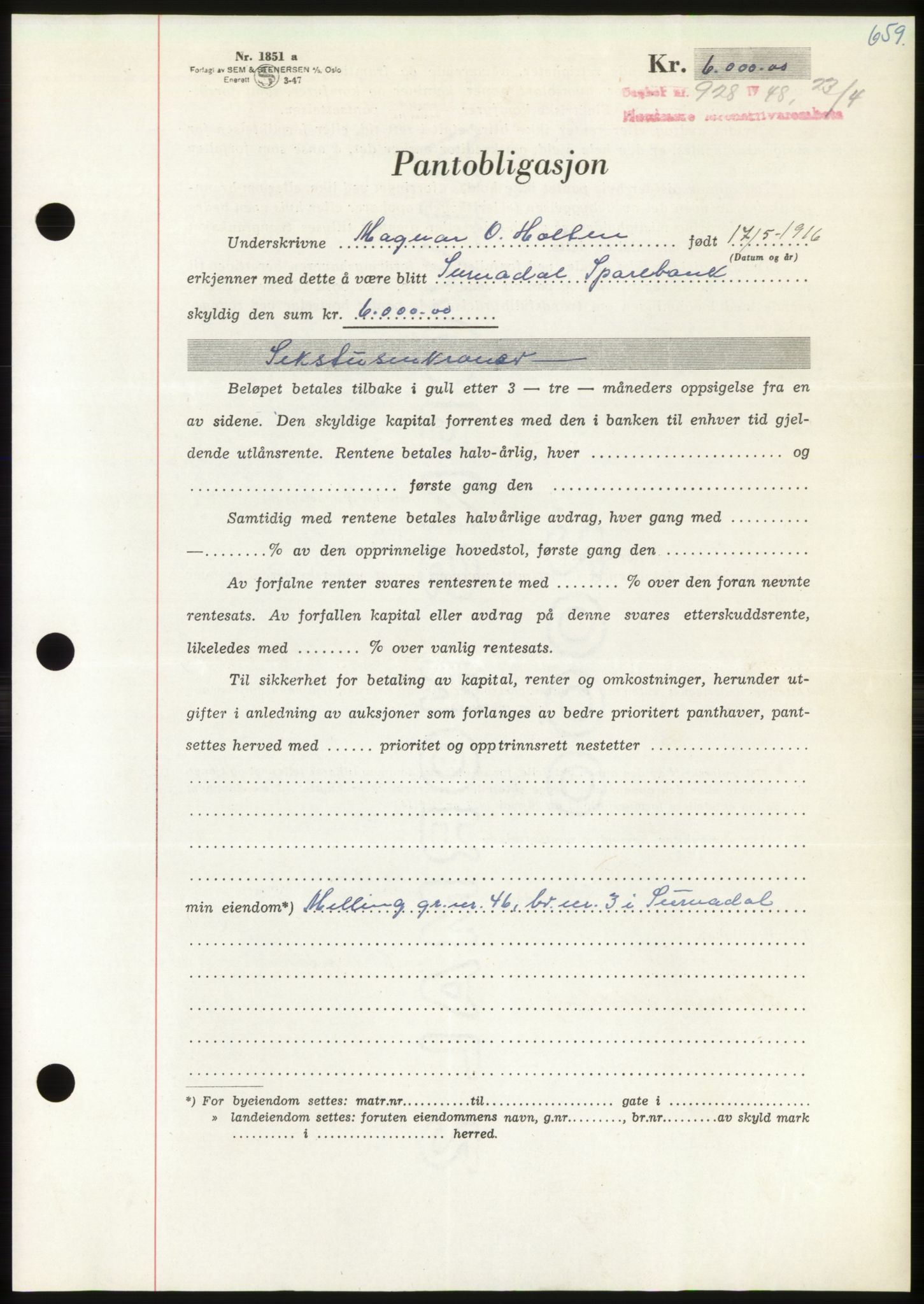 Nordmøre sorenskriveri, AV/SAT-A-4132/1/2/2Ca: Pantebok nr. B98, 1948-1948, Dagboknr: 928/1948