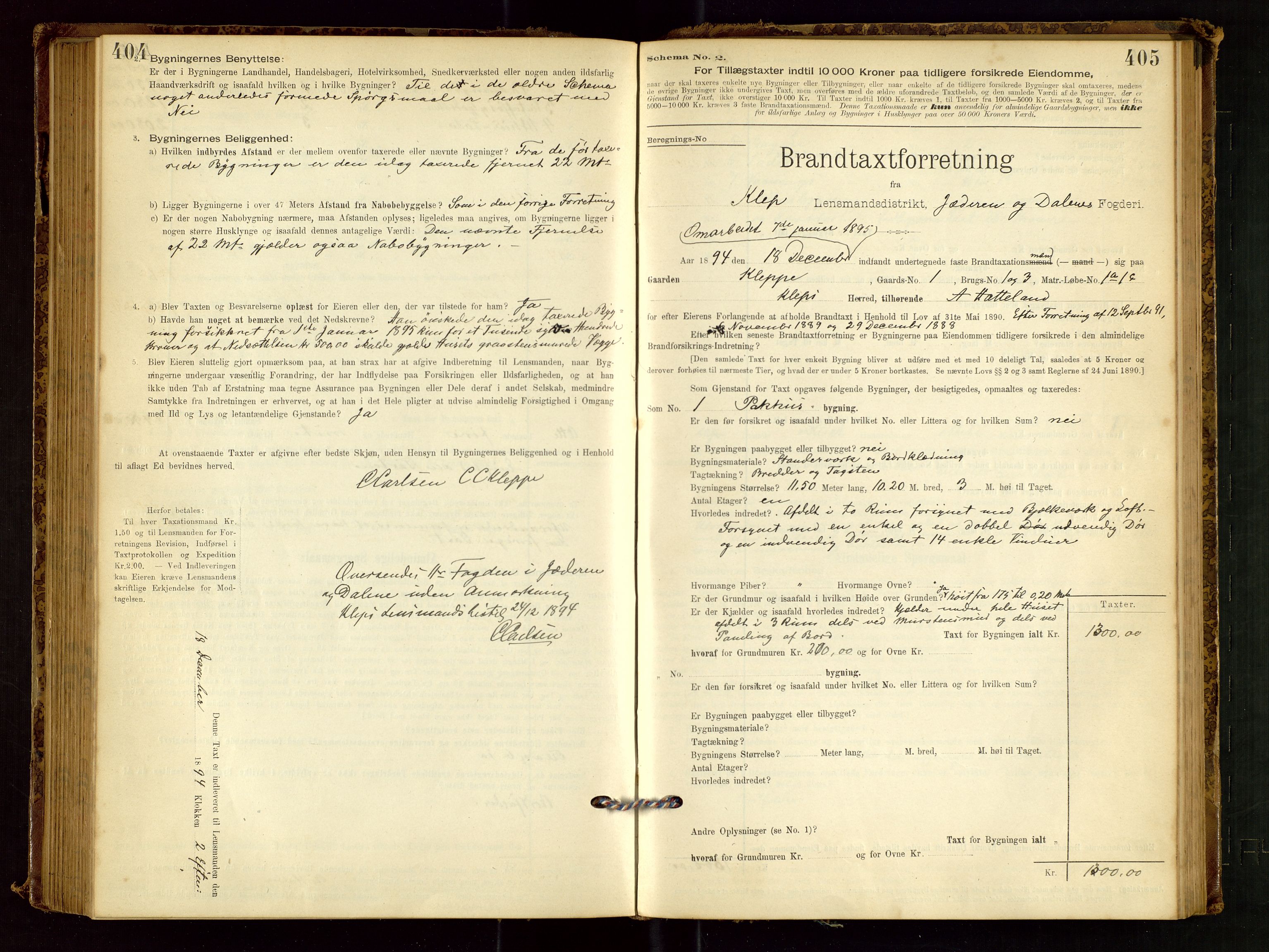 Klepp lensmannskontor, SAST/A-100163/Goc/L0001: "Brandtaxationsprotokol" m/register, 1895-1898, s. 404-405