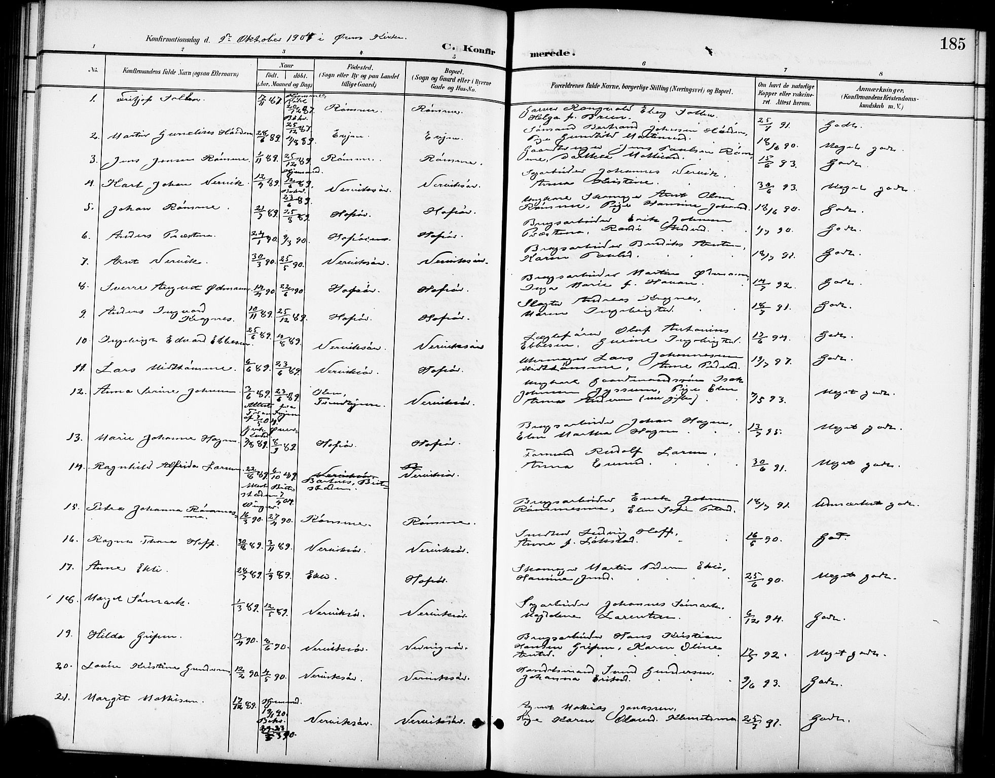 Ministerialprotokoller, klokkerbøker og fødselsregistre - Sør-Trøndelag, SAT/A-1456/668/L0819: Klokkerbok nr. 668C08, 1899-1912, s. 185