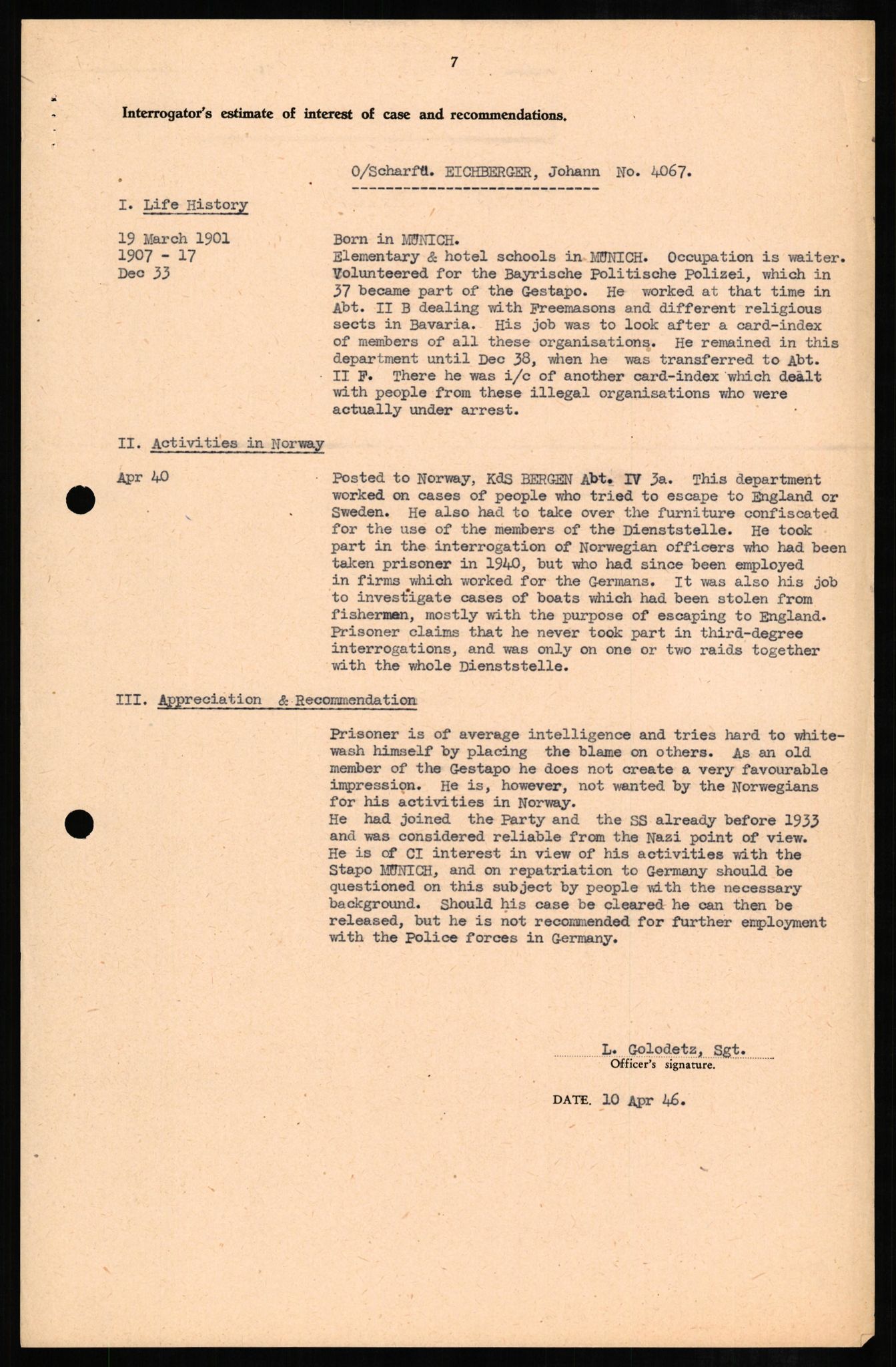 Forsvaret, Forsvarets overkommando II, RA/RAFA-3915/D/Db/L0007: CI Questionaires. Tyske okkupasjonsstyrker i Norge. Tyskere., 1945-1946, s. 95