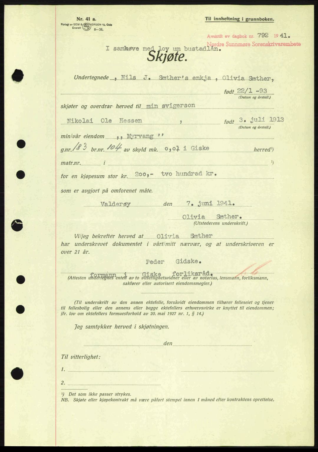 Nordre Sunnmøre sorenskriveri, AV/SAT-A-0006/1/2/2C/2Ca: Pantebok nr. A11, 1941-1941, Dagboknr: 792/1941